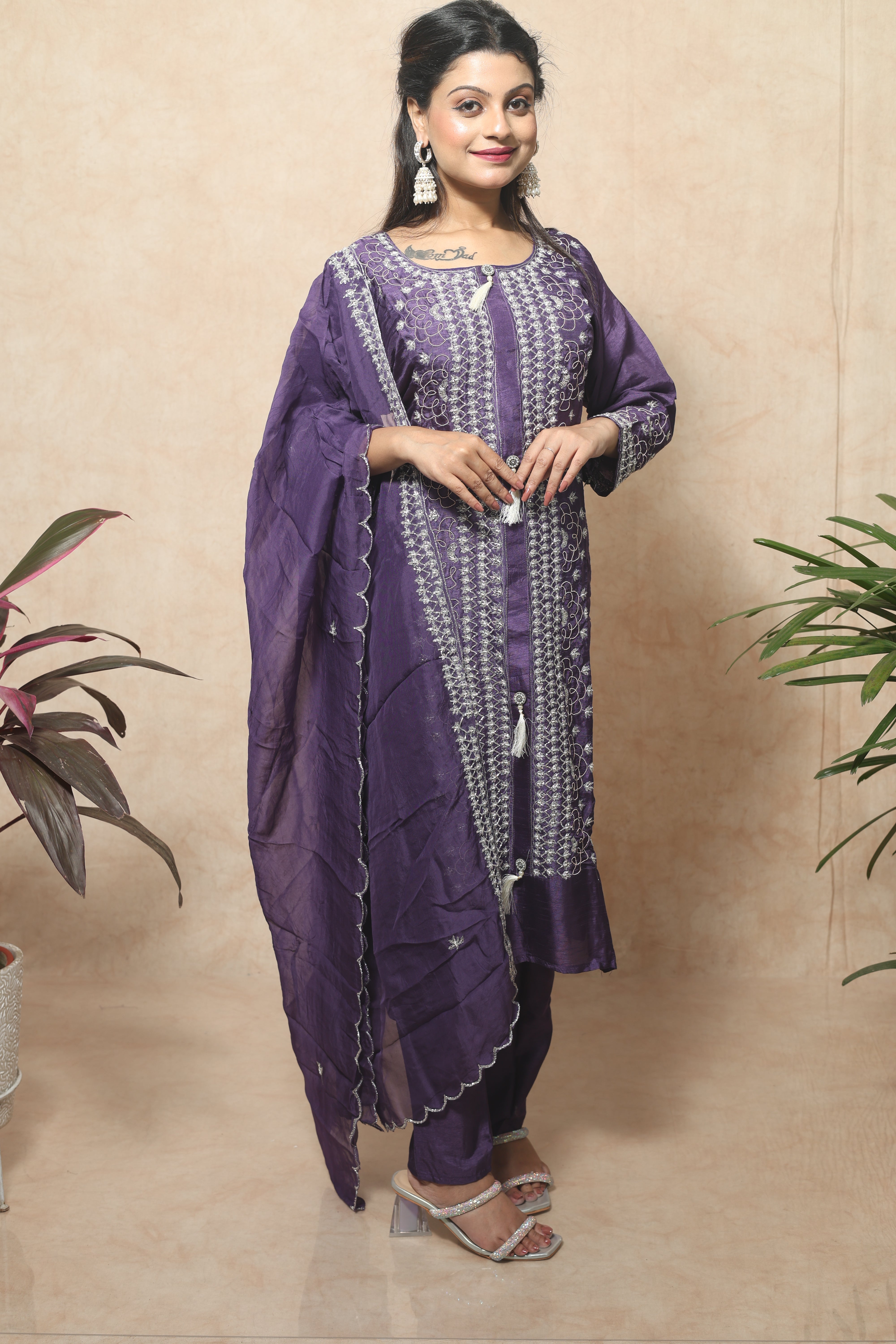 Dola Silk Handwork Purple Color Suit Set