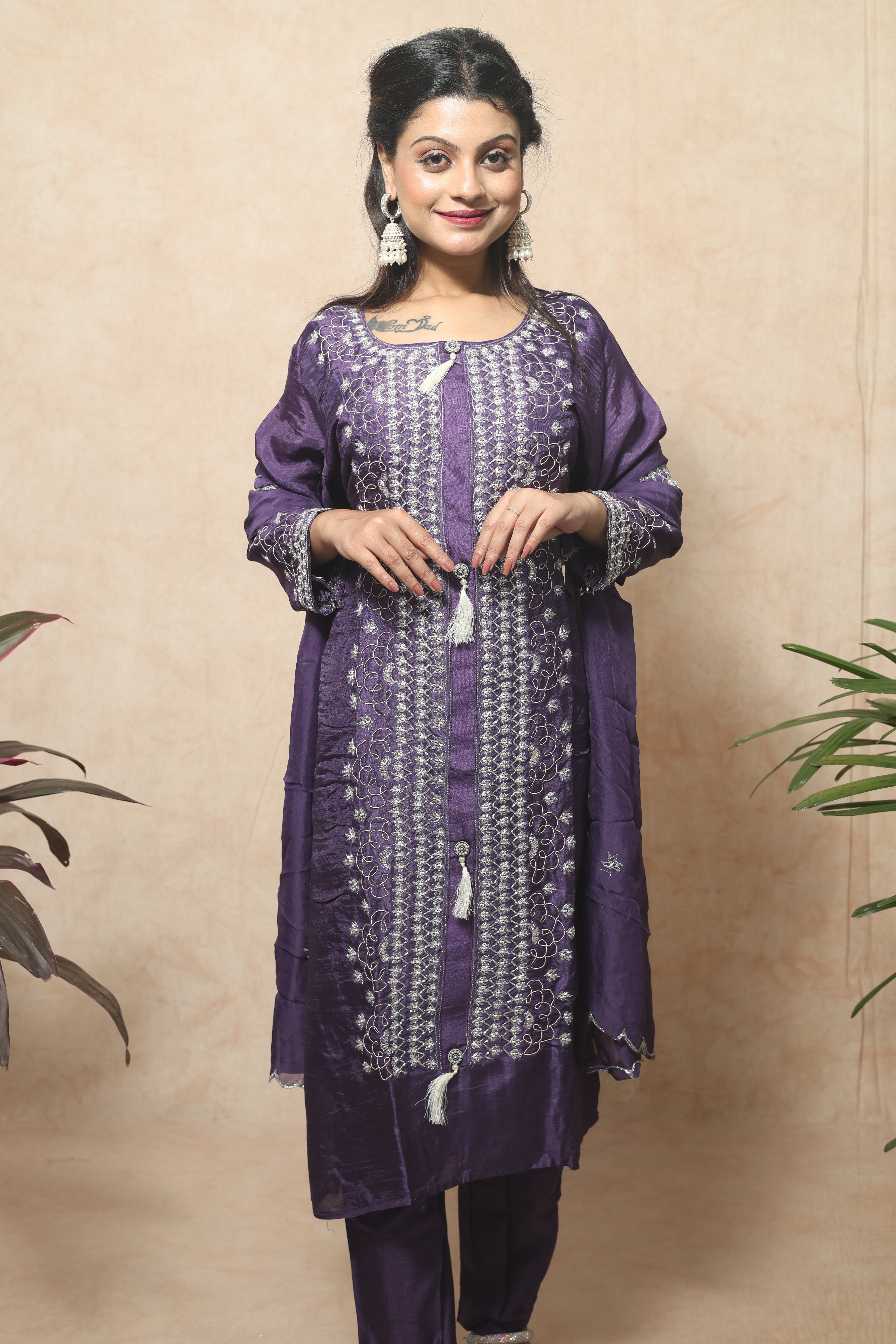 Dola Silk Handwork Purple Color Suit Set