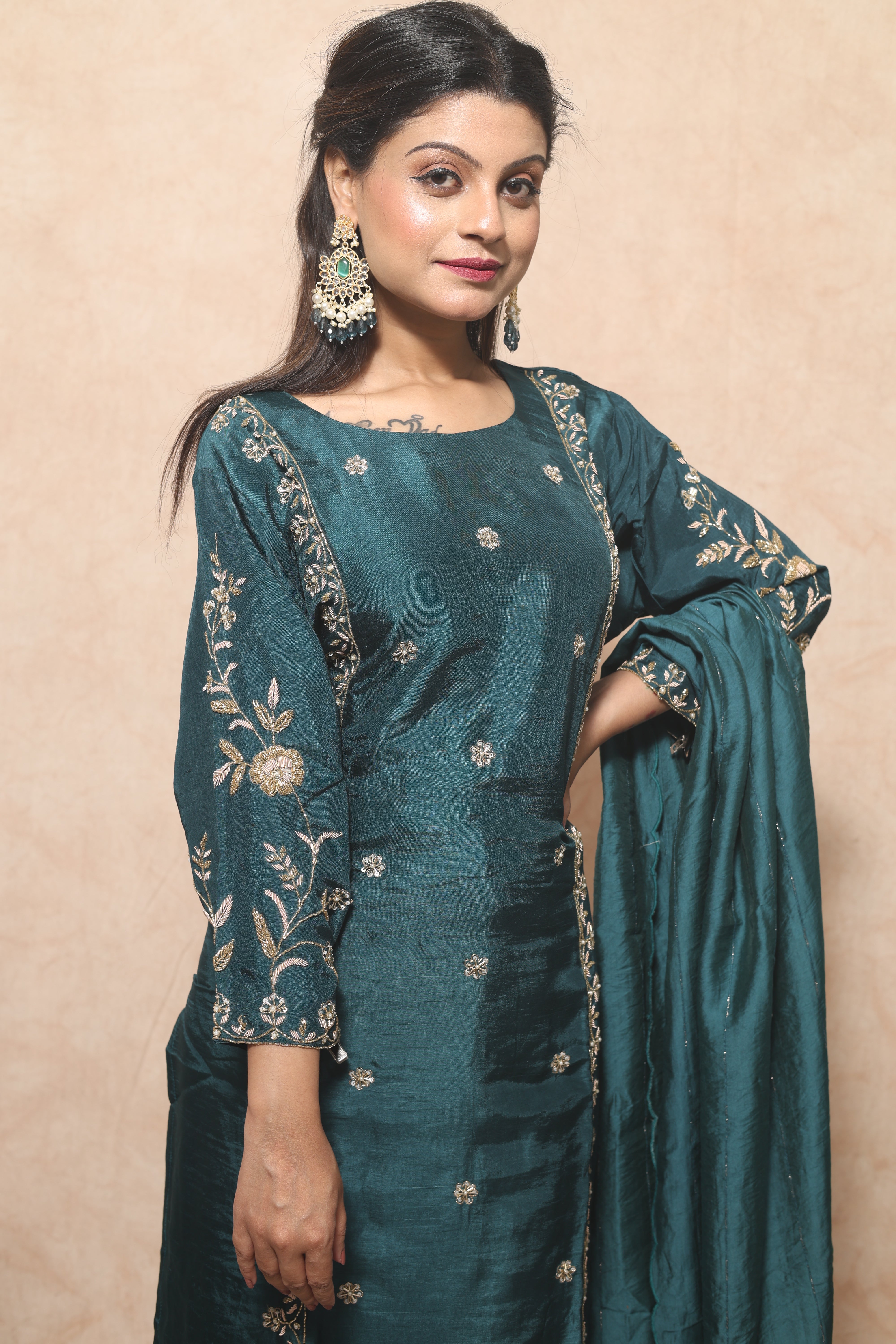 Peacock Green Color Handwork Dola Silk Suit Set