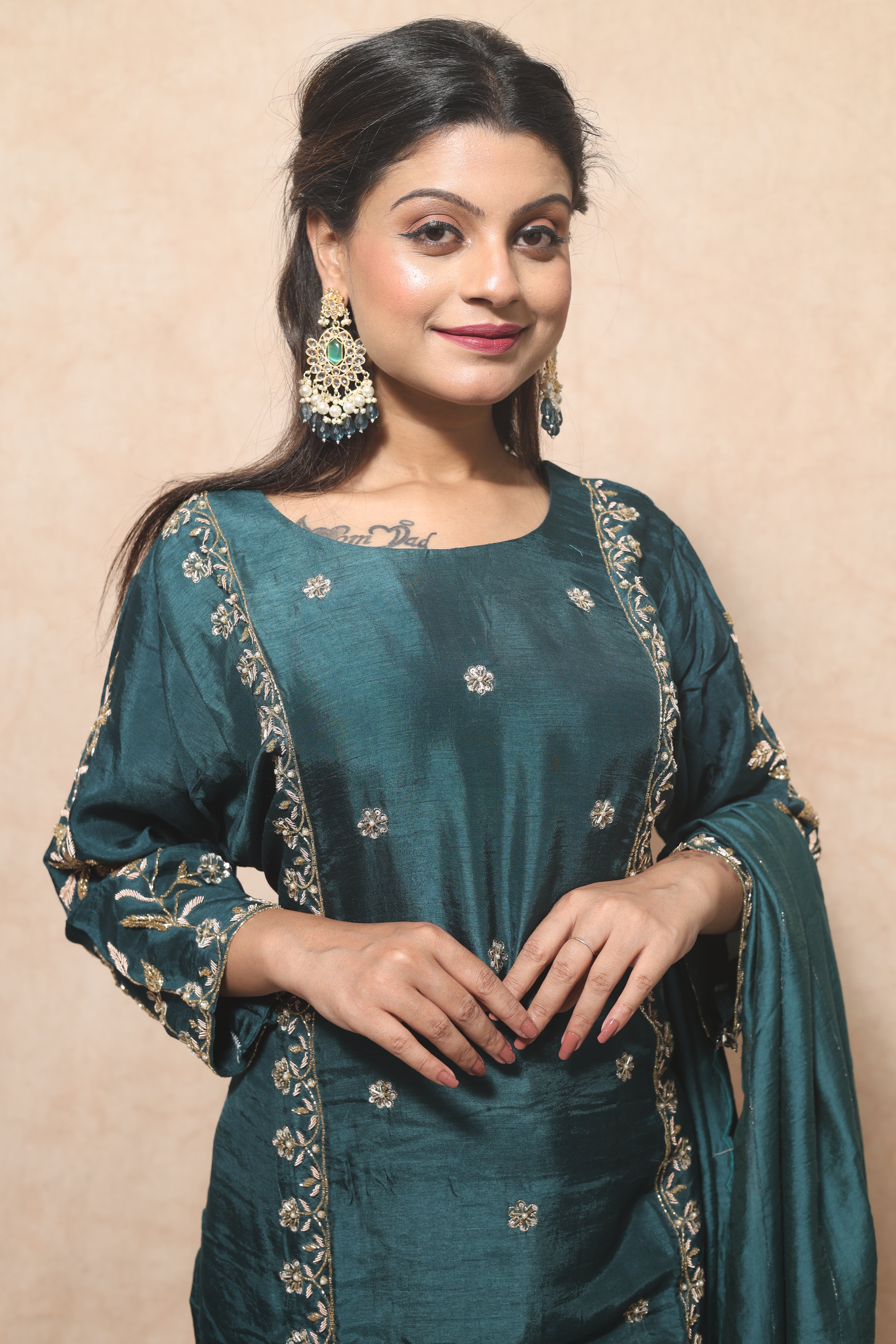 Peacock Green Color Handwork Dola Silk Suit Set