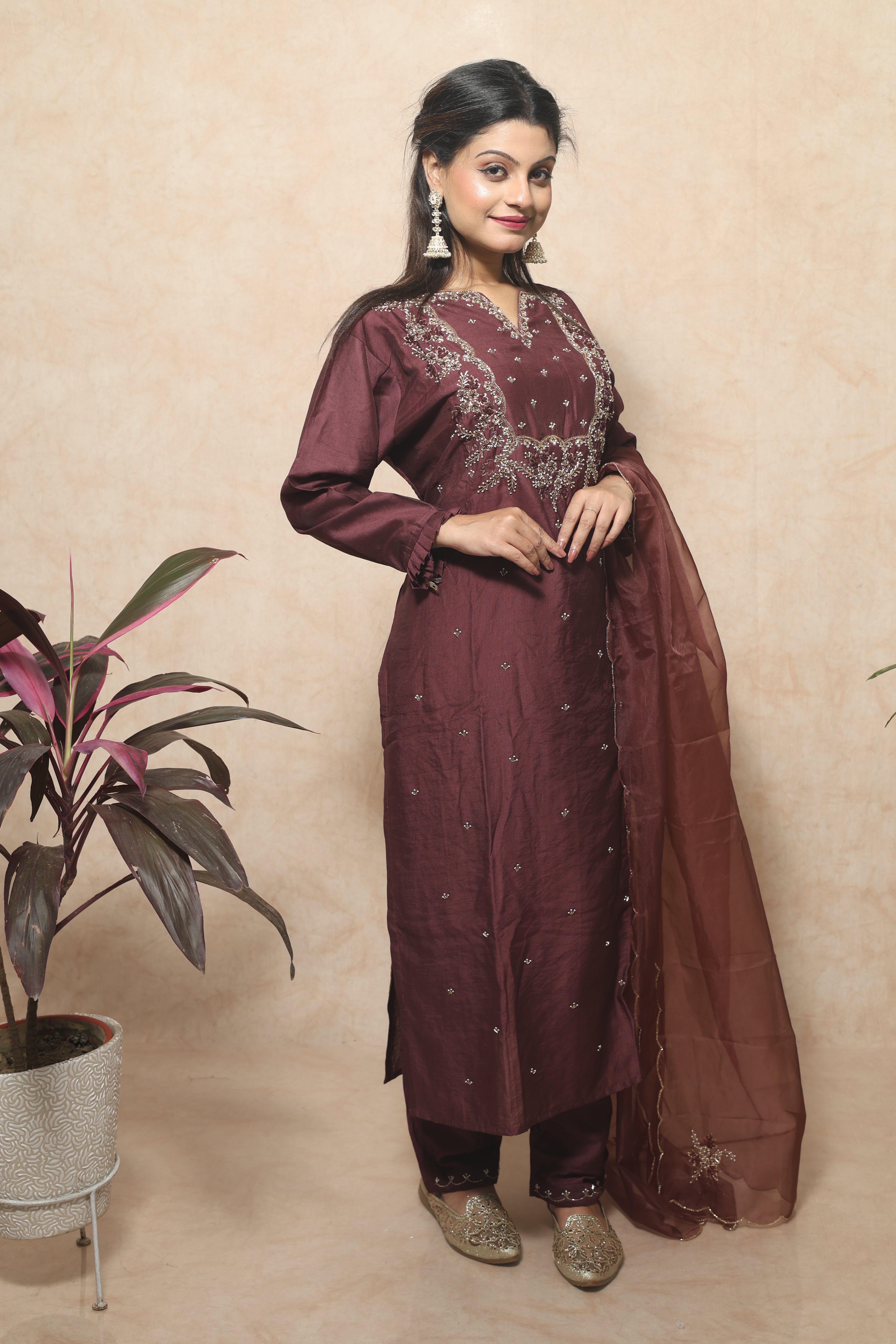 Chocolate Brown Color Dola Silk Handwork Suit Set