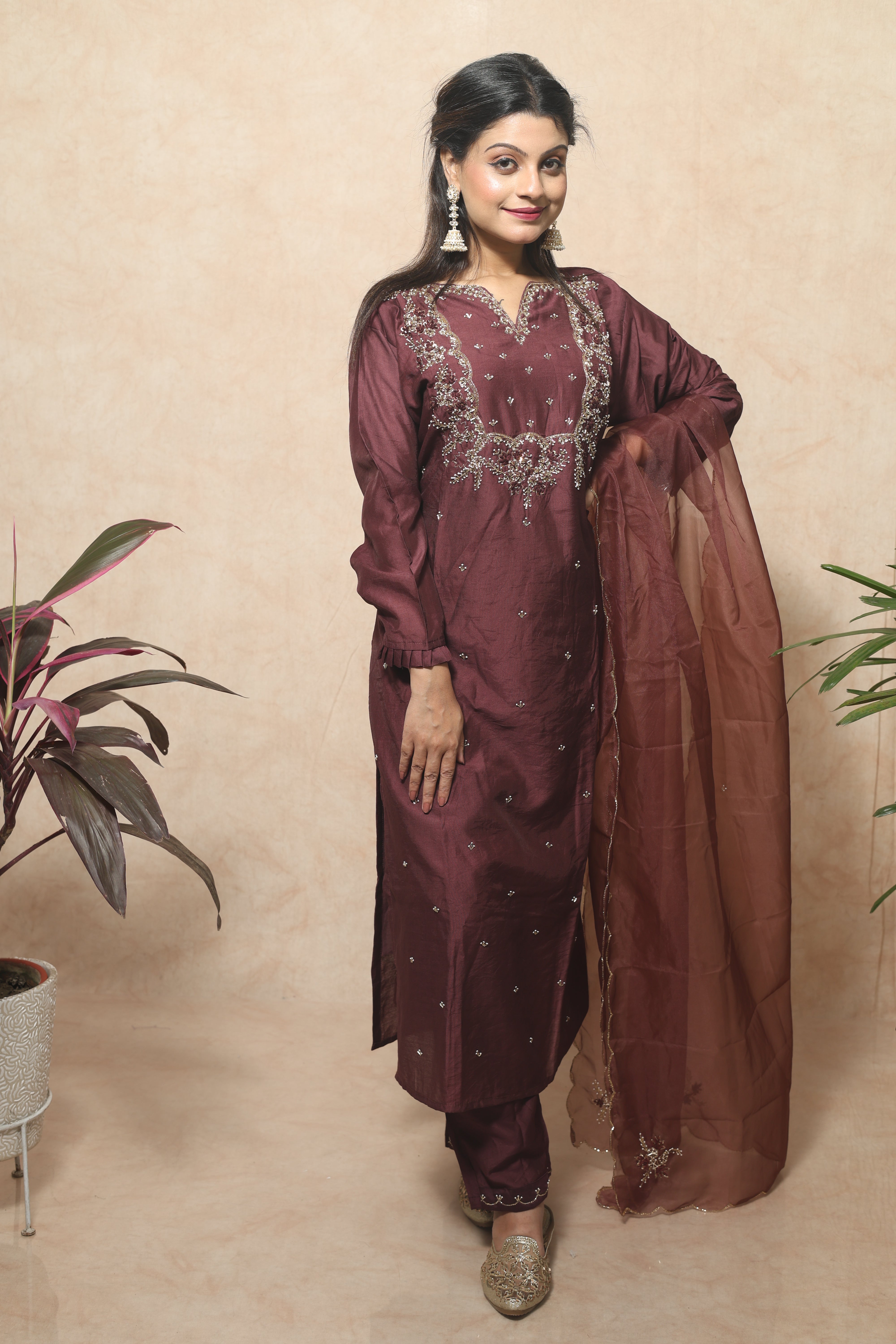 Chocolate Brown Color Dola Silk Handwork Suit Set