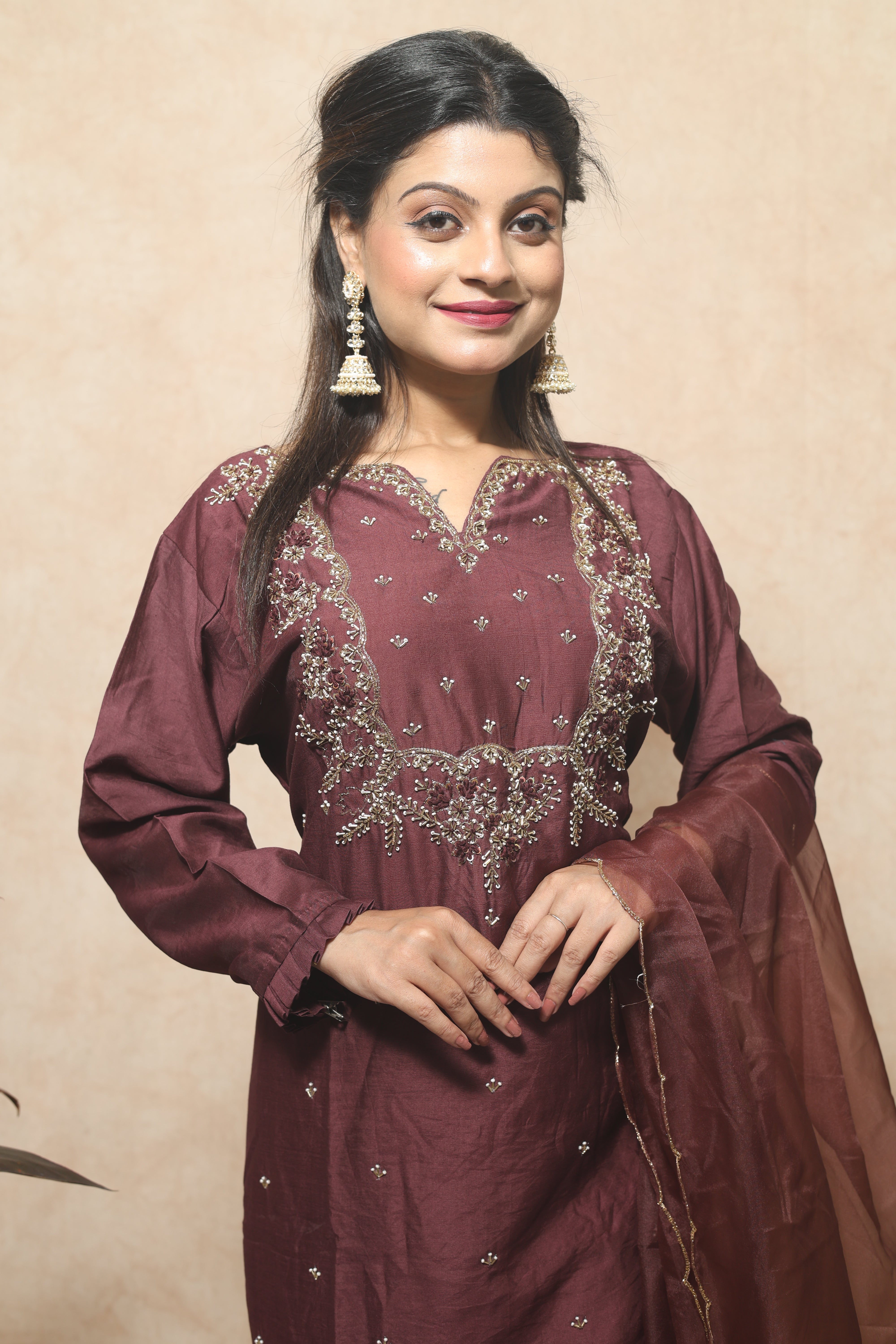 Chocolate Brown Color Dola Silk Handwork Suit Set