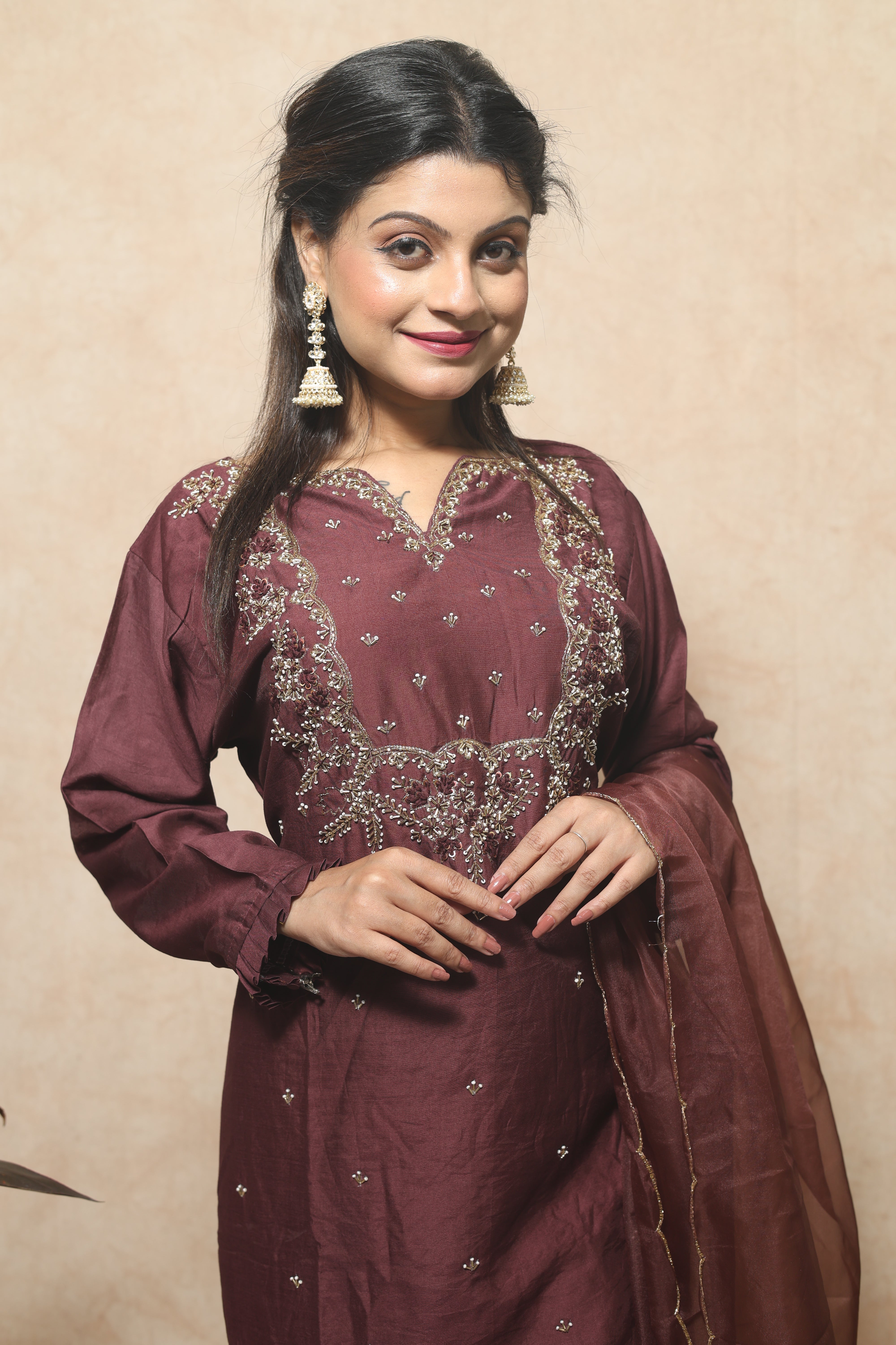 Chocolate Brown Color Dola Silk Handwork Suit Set