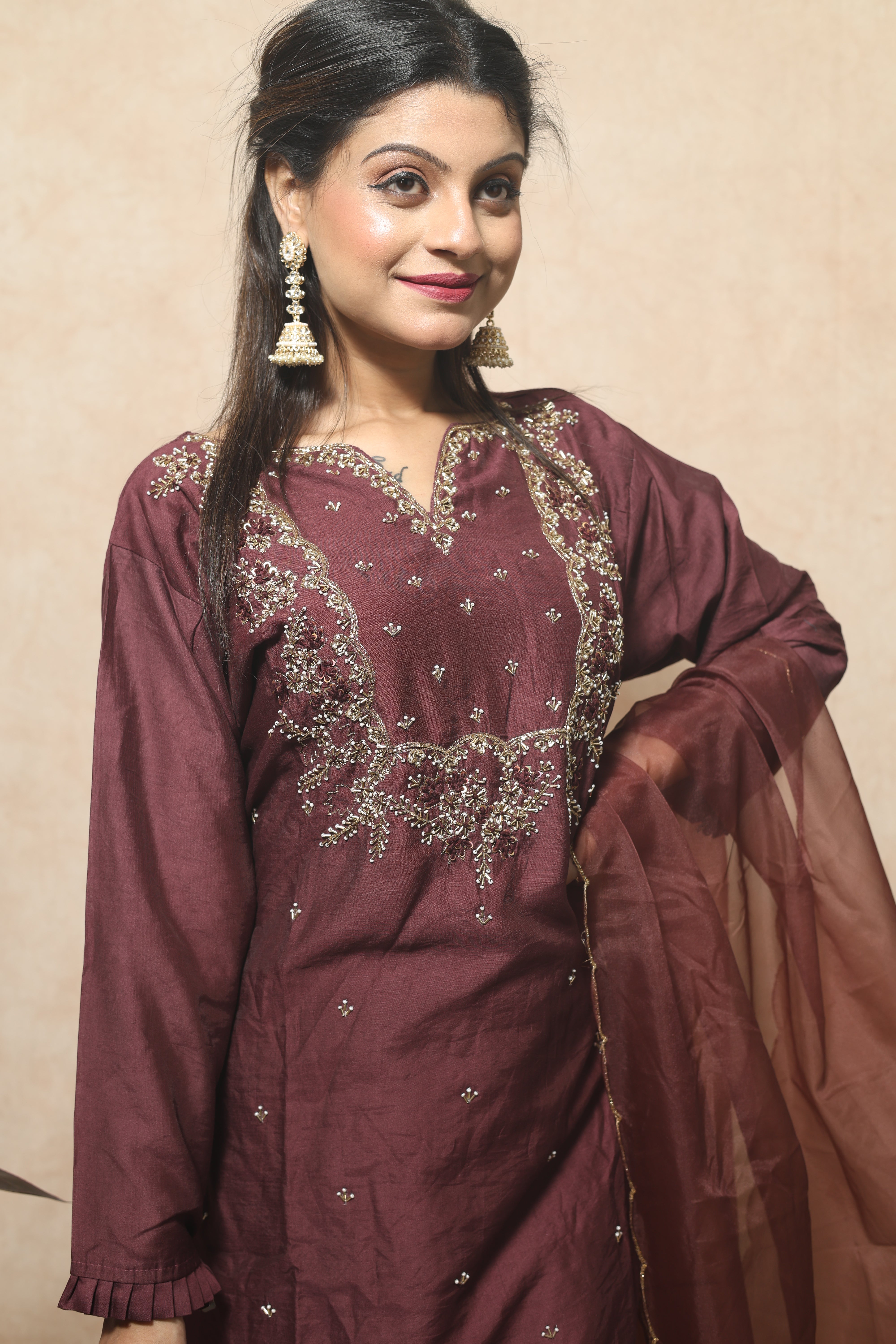 Chocolate Brown Color Dola Silk Handwork Suit Set