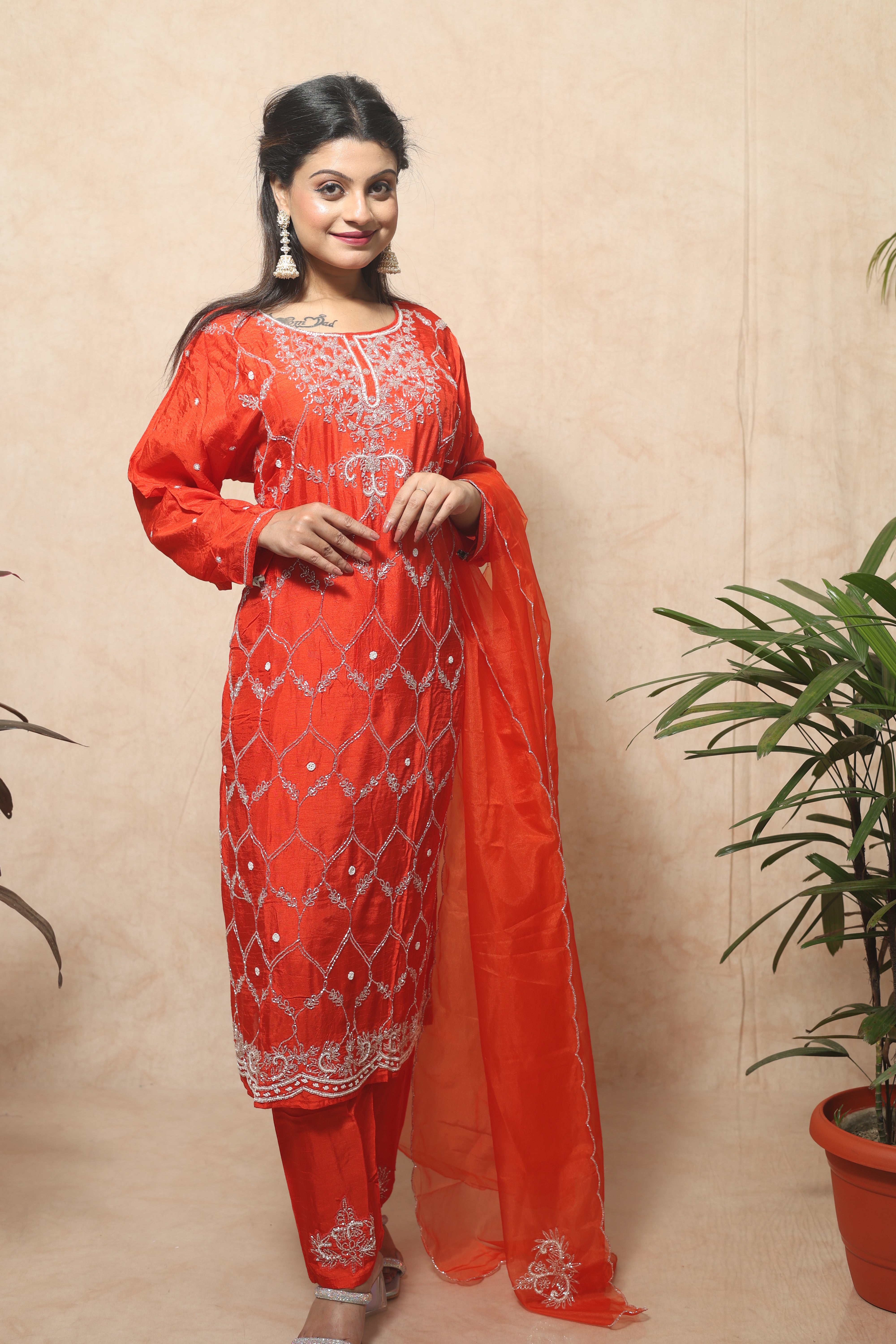 Saffron Color Dola Silk Handwork Suit Set