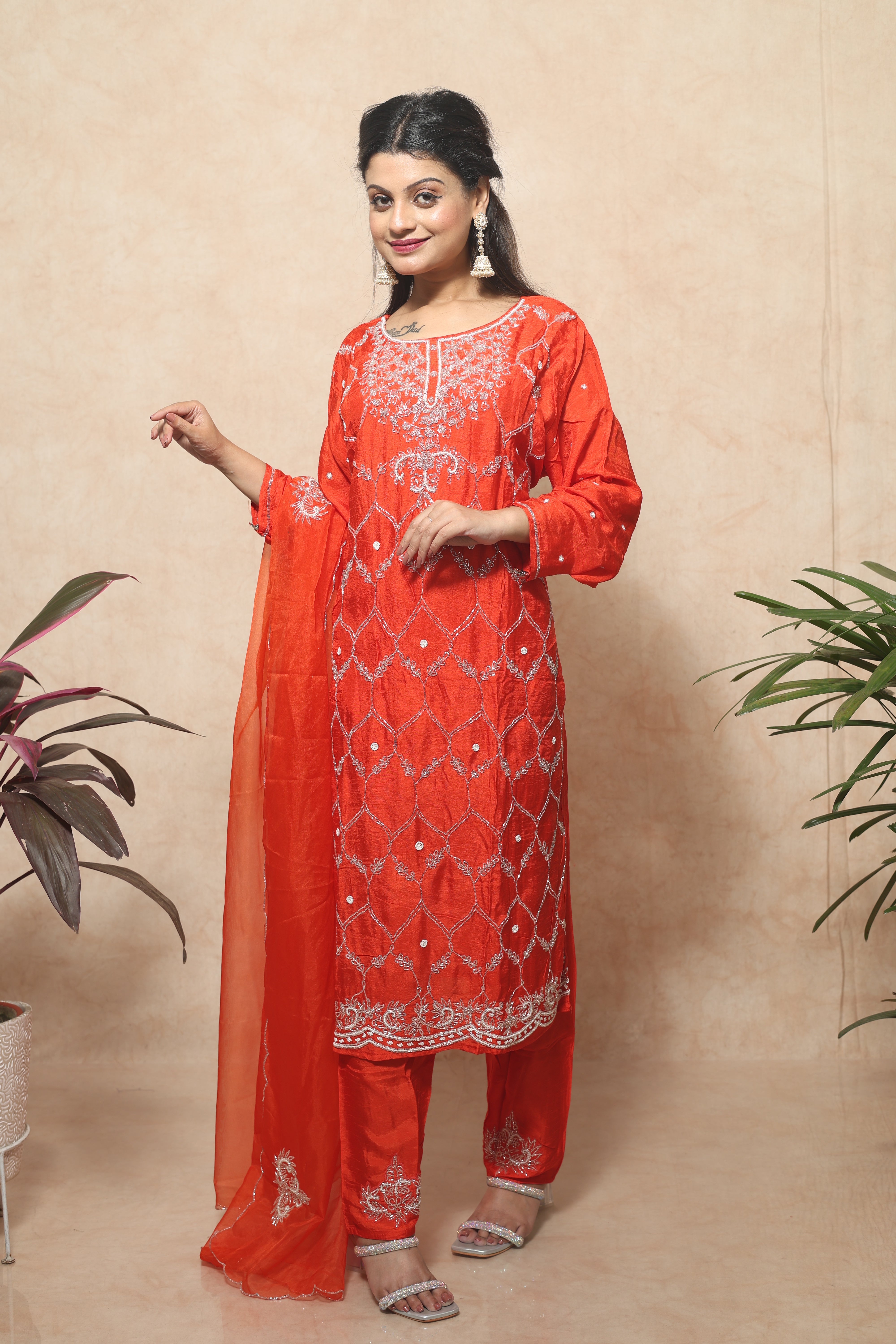 Saffron Color Dola Silk Handwork Suit Set