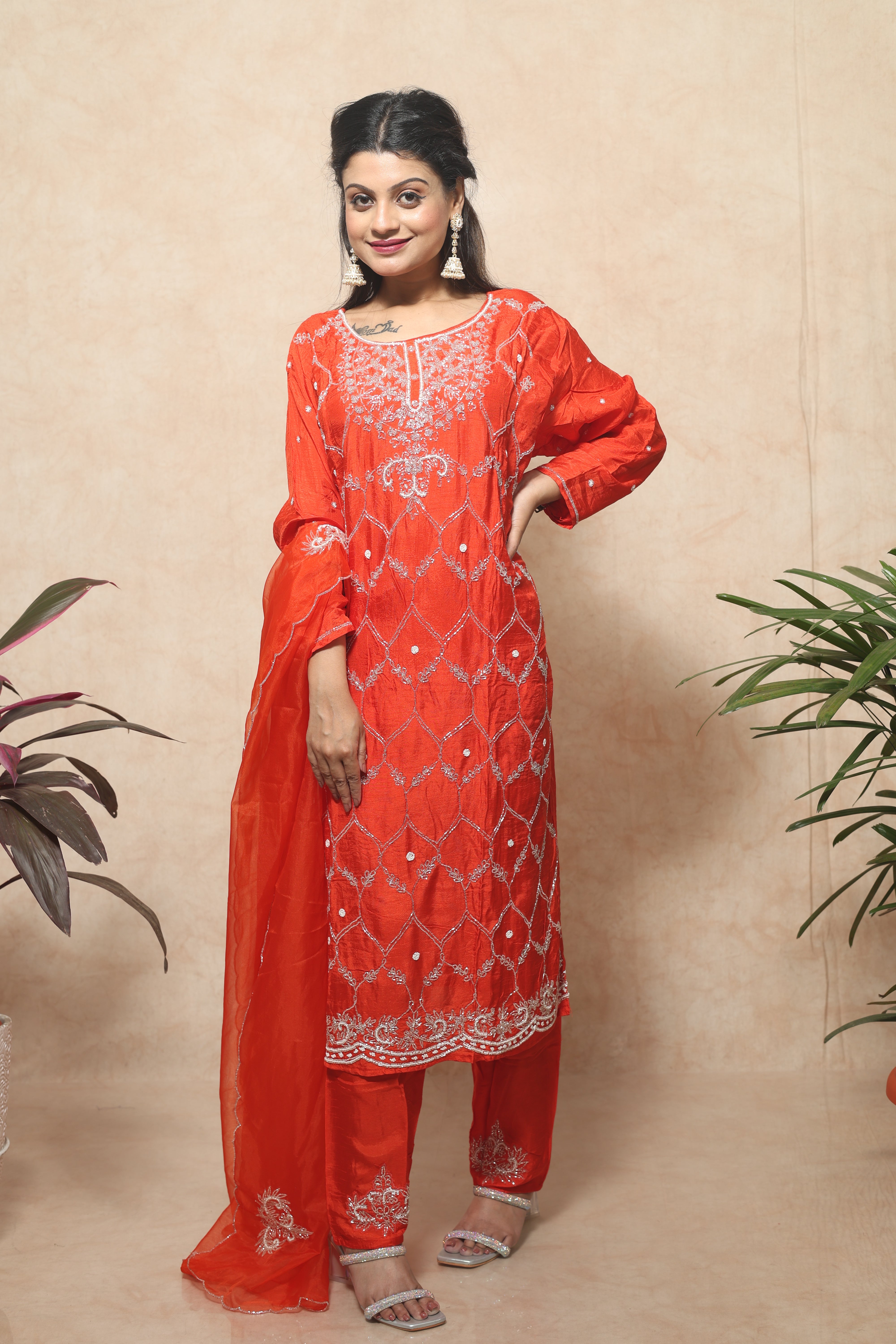 Saffron Color Dola Silk Handwork Suit Set