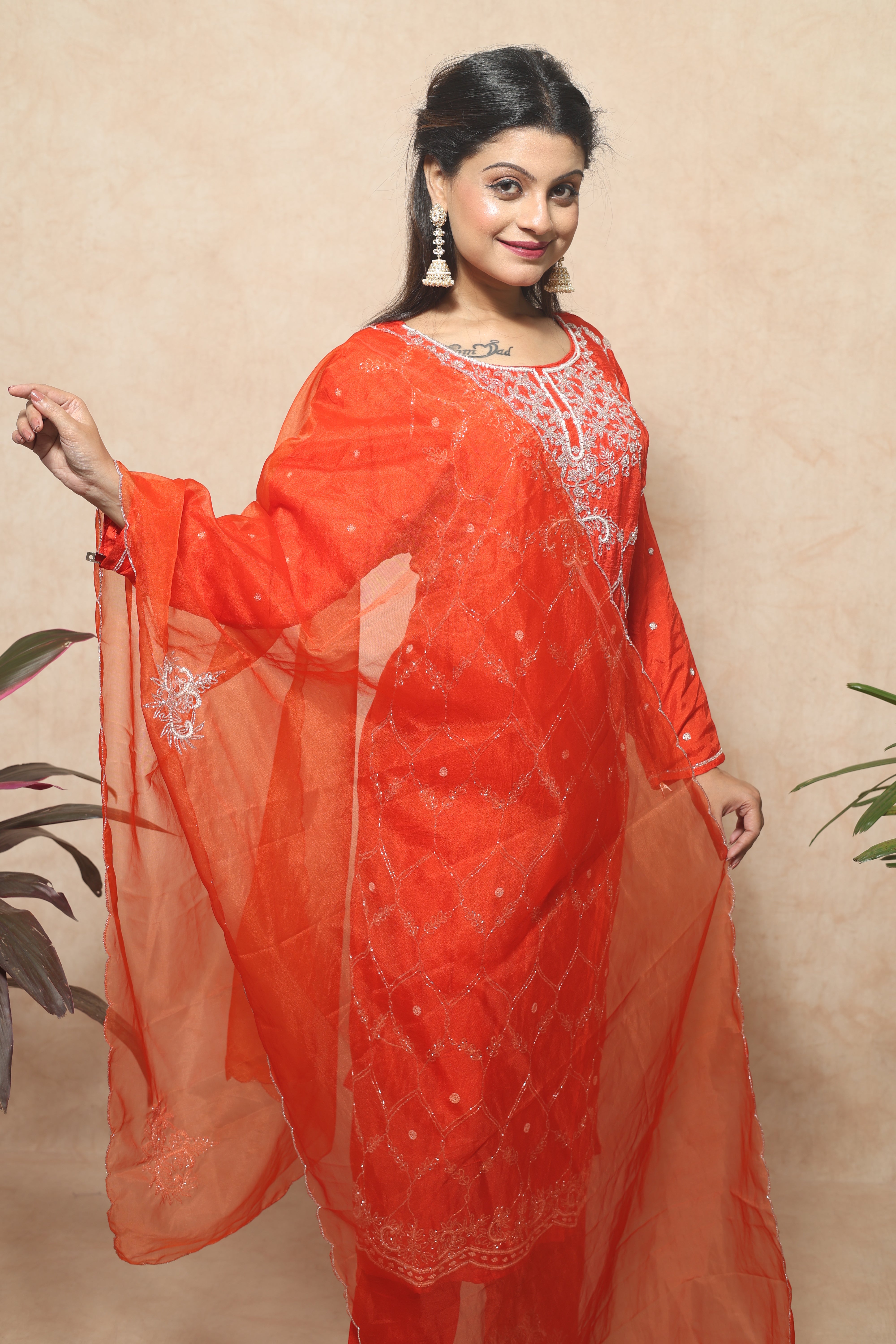 Saffron Color Dola Silk Handwork Suit Set