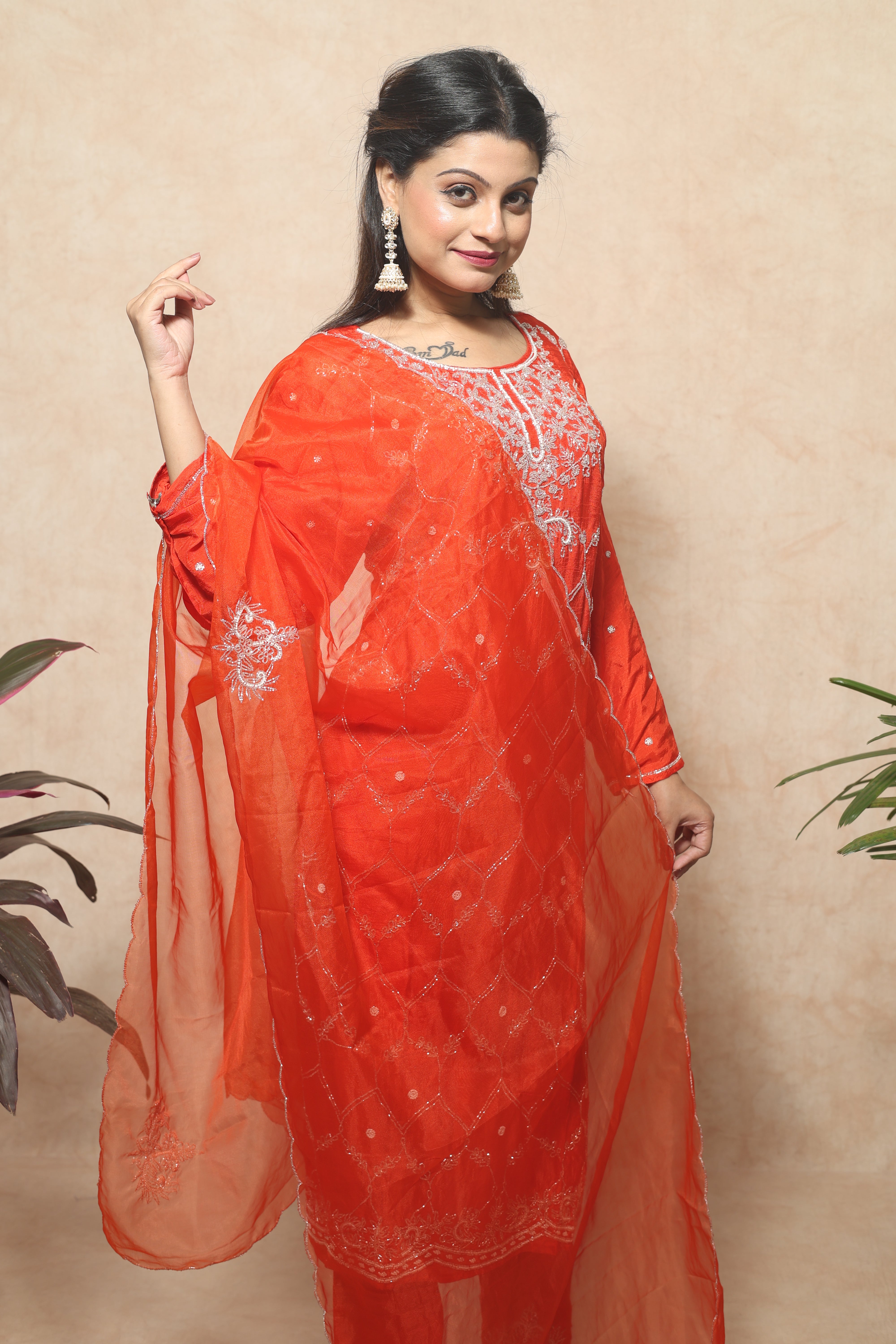 Saffron Color Dola Silk Handwork Suit Set