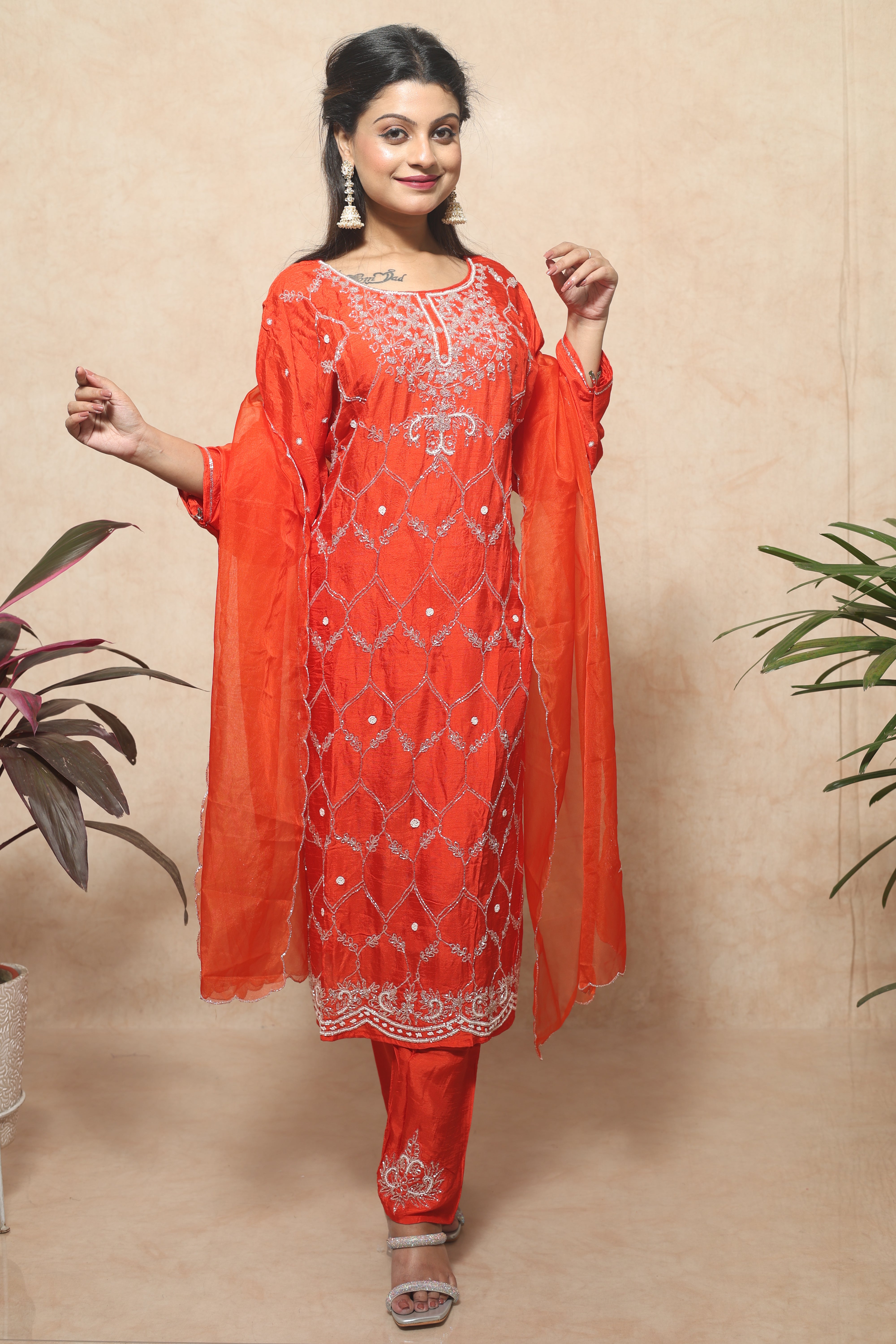 Saffron Color Dola Silk Handwork Suit Set