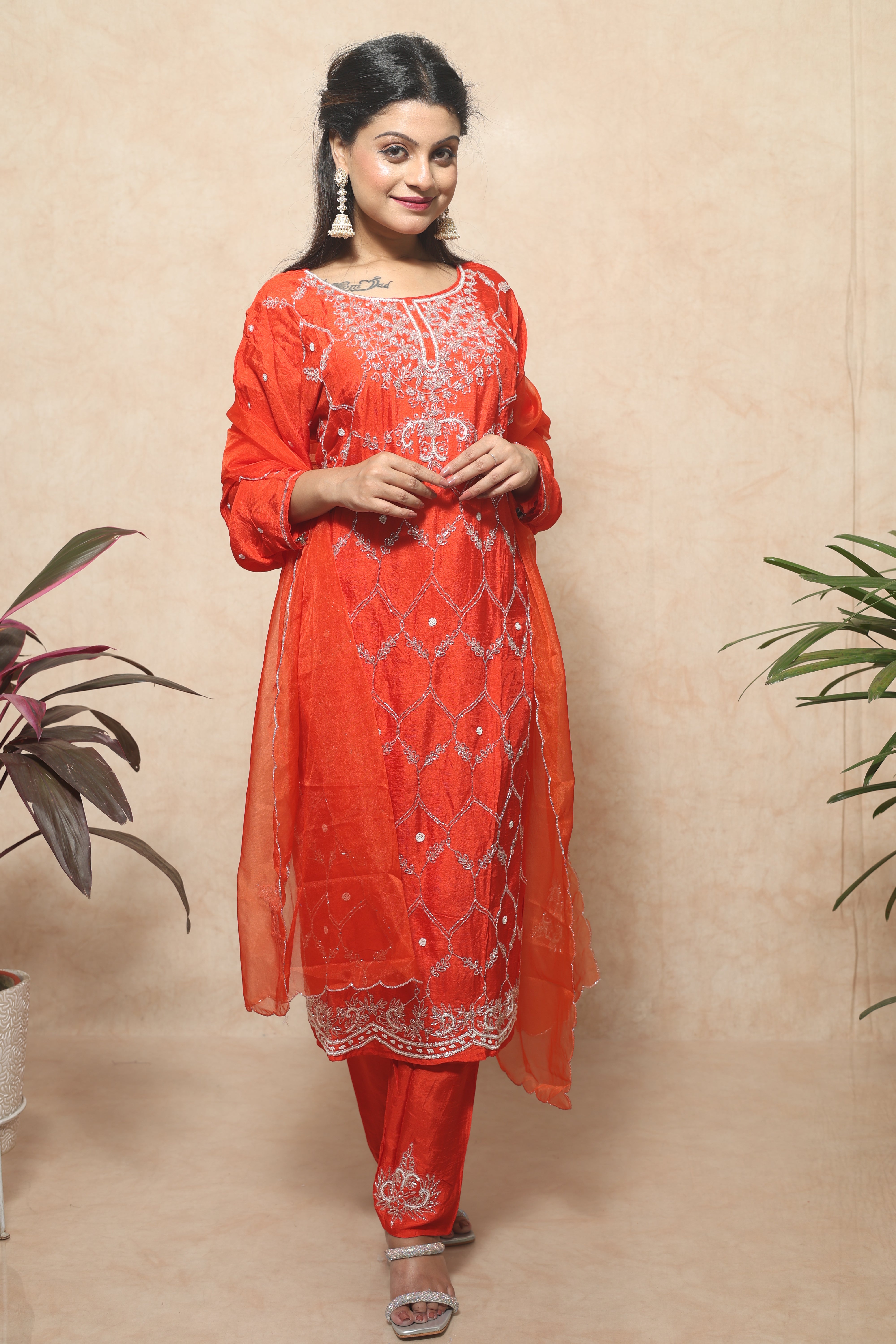 Saffron Color Dola Silk Handwork Suit Set