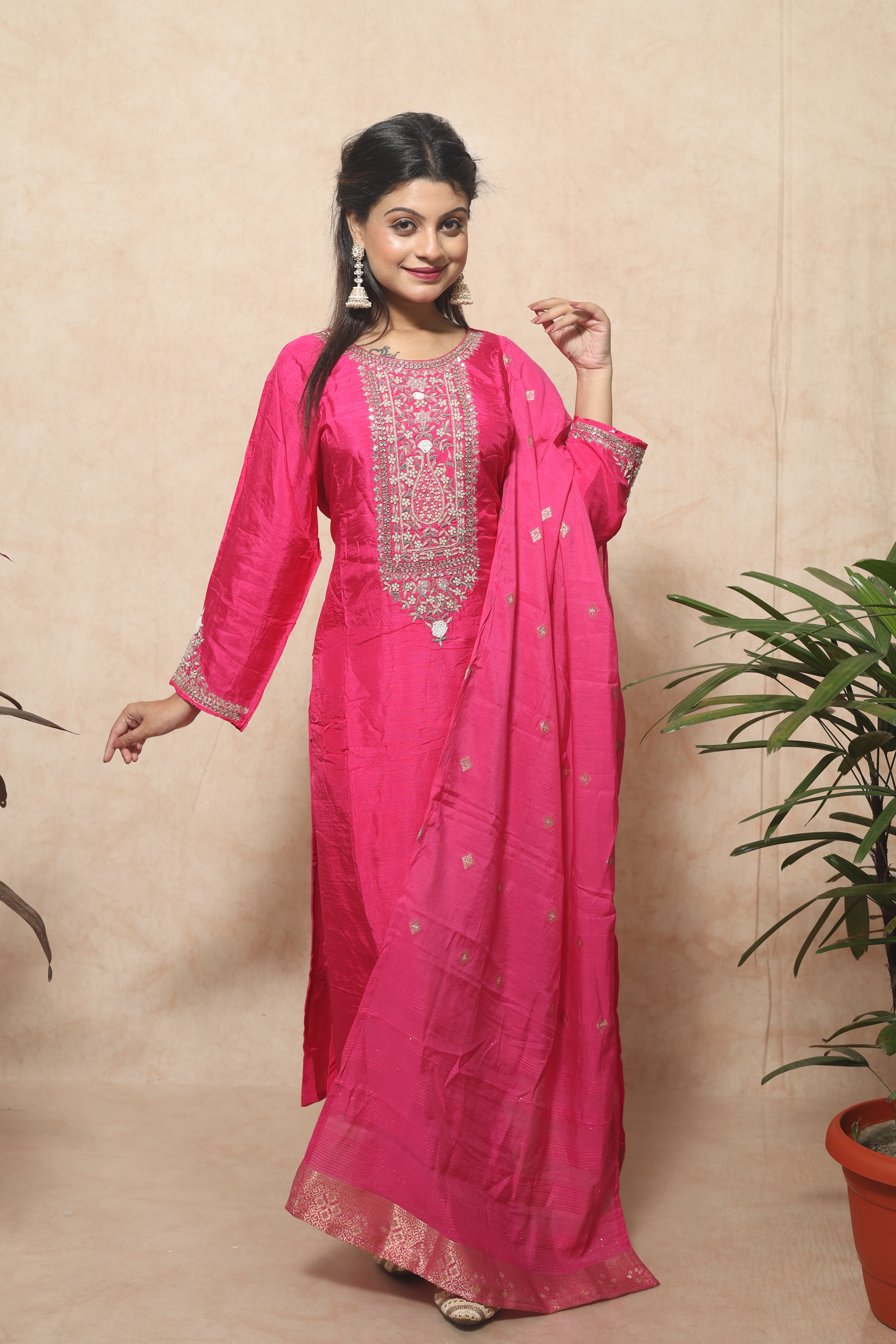 Rani Pink Color Dola Silk Handwork Suit Set