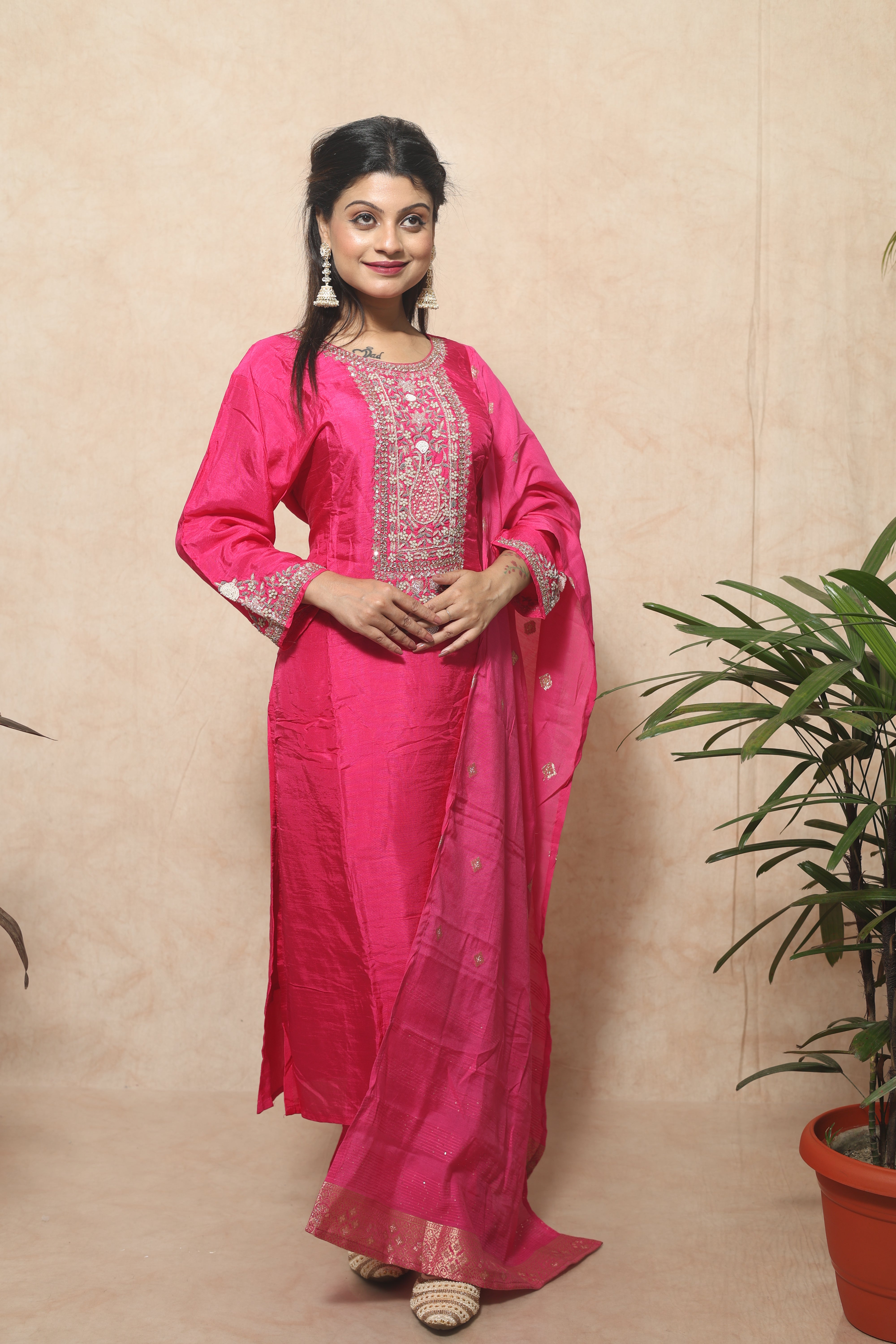 Rani Pink Color Dola Silk Handwork Suit Set