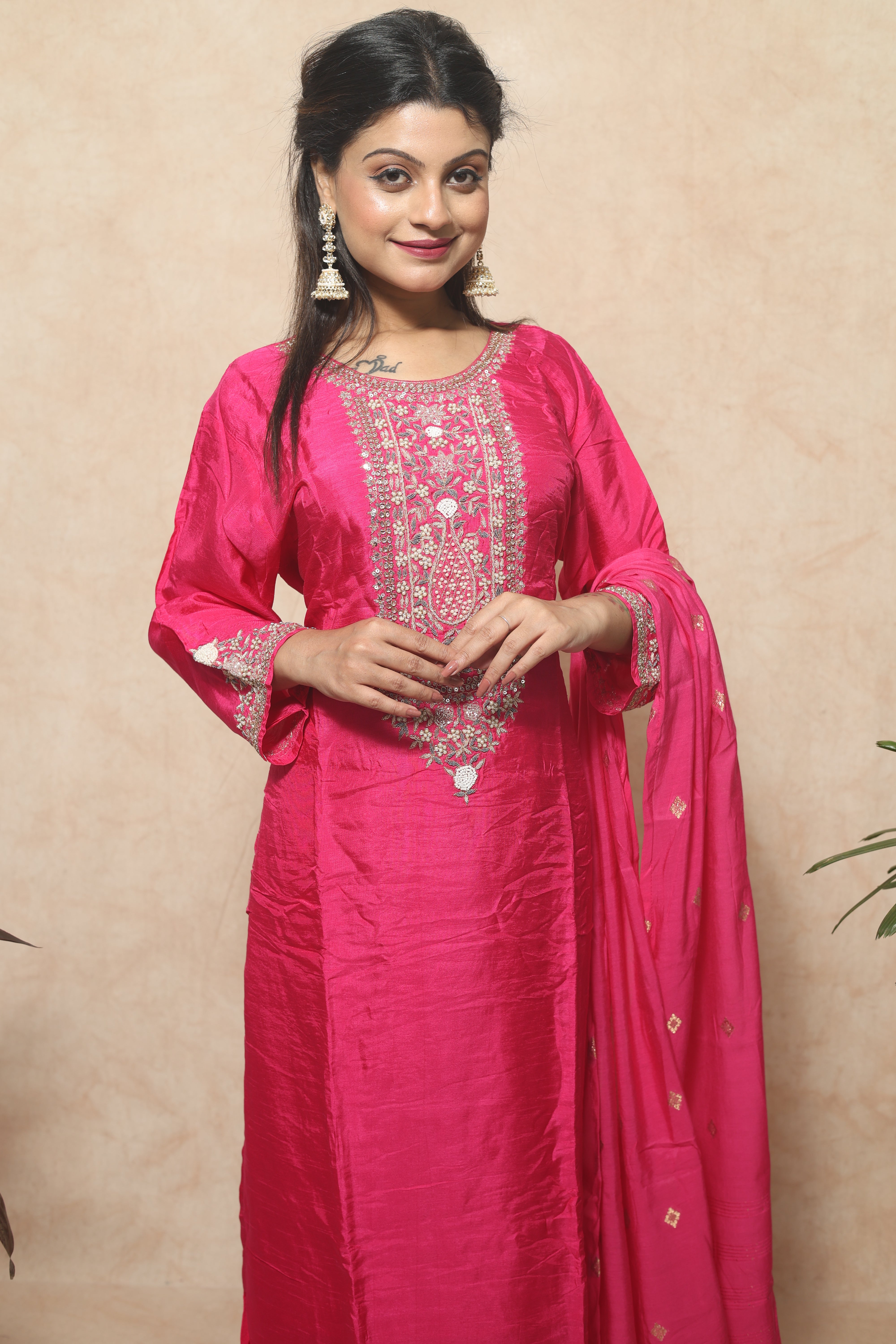 Rani Pink Color Dola Silk Handwork Suit Set
