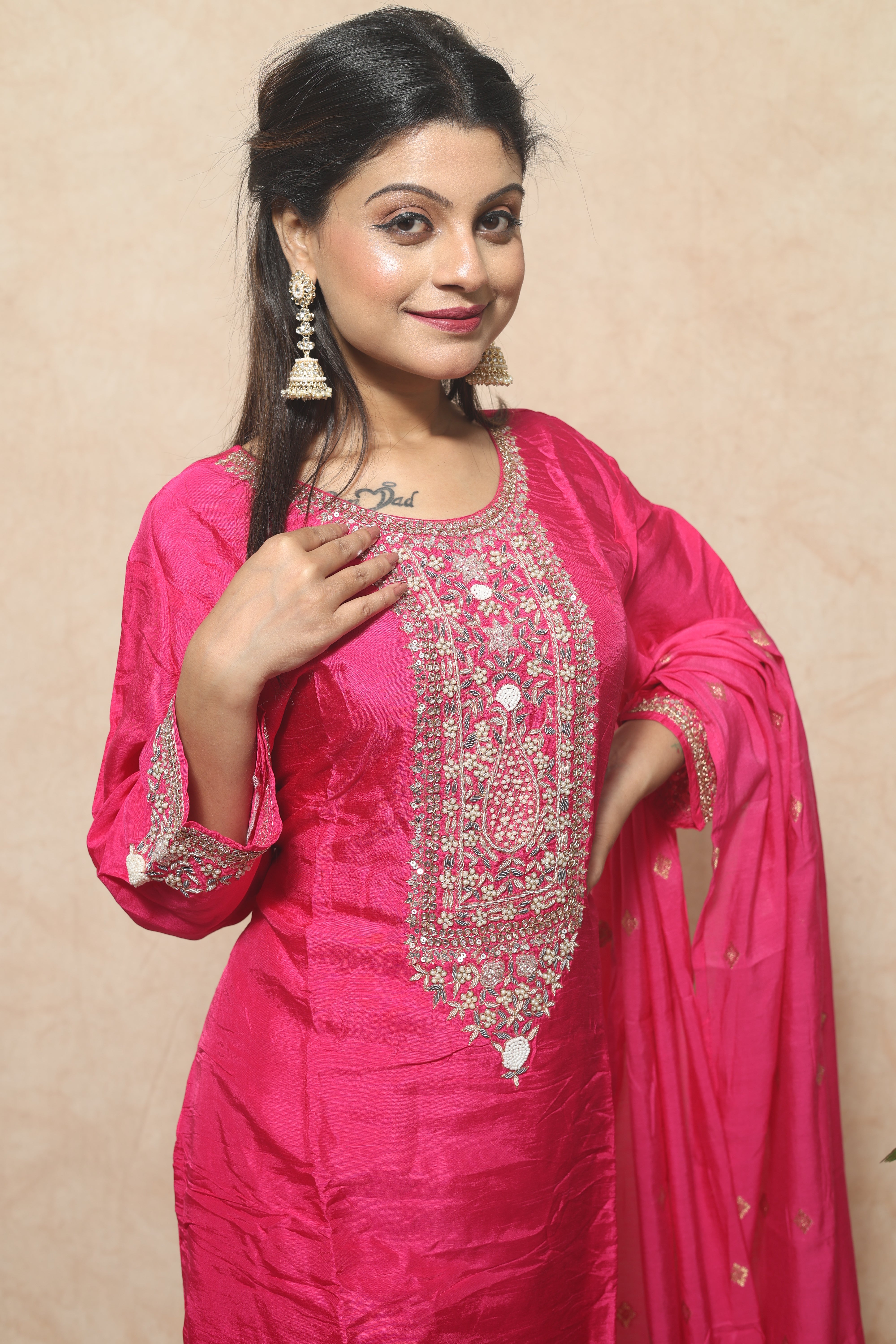Rani Pink Color Dola Silk Handwork Suit Set