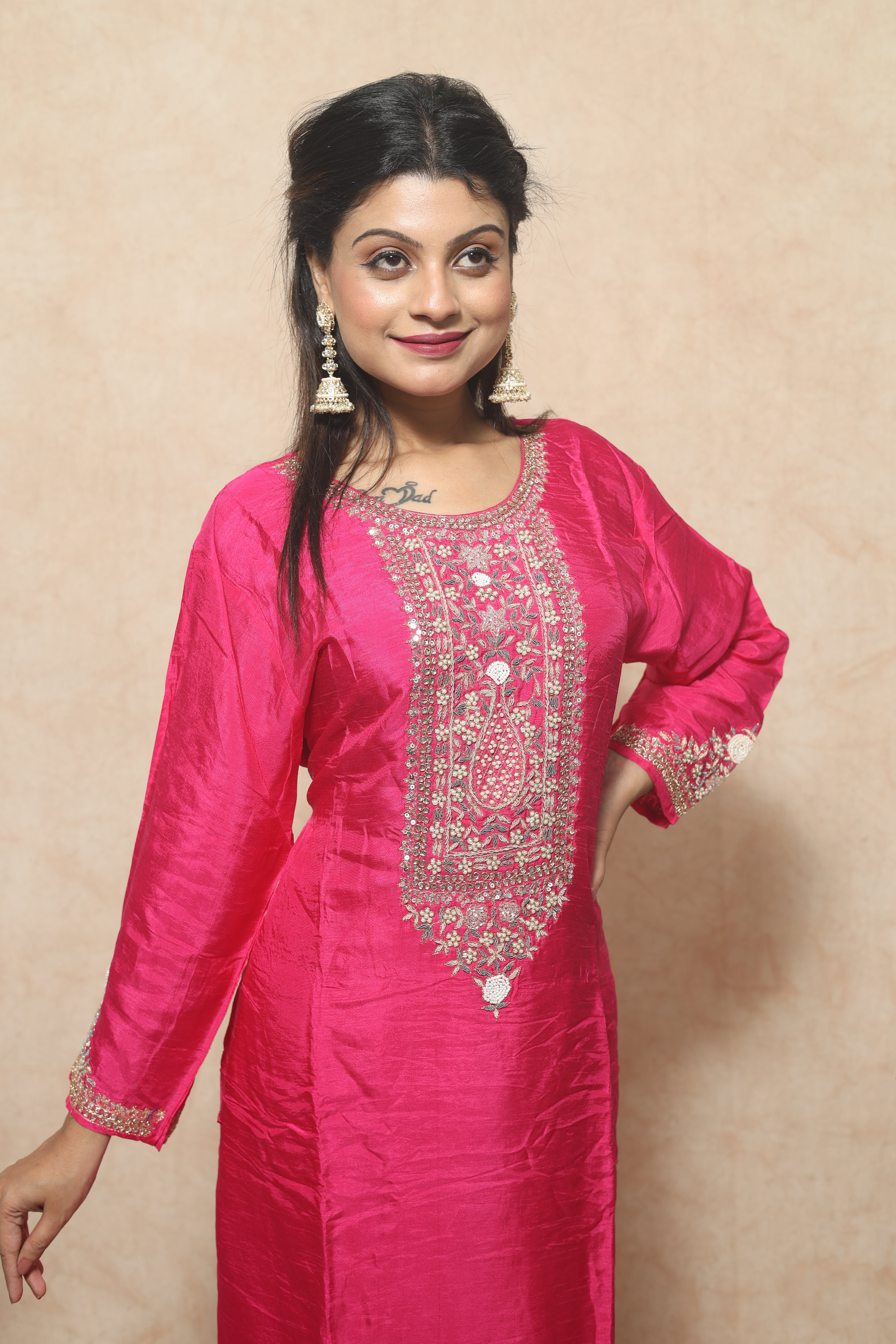 Rani Pink Color Dola Silk Handwork Suit Set