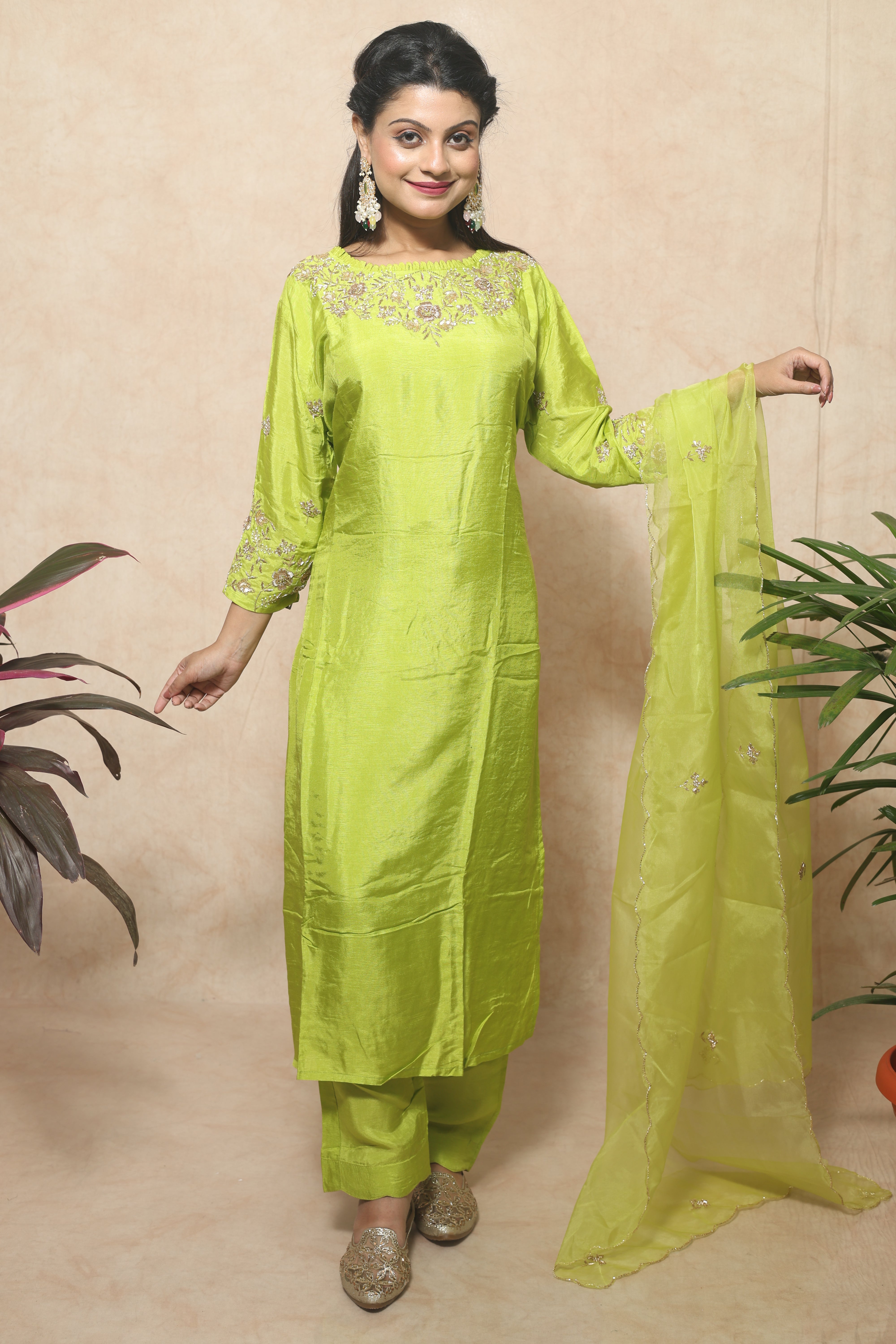 Lemon green dola silk suit set with beautiful handwork