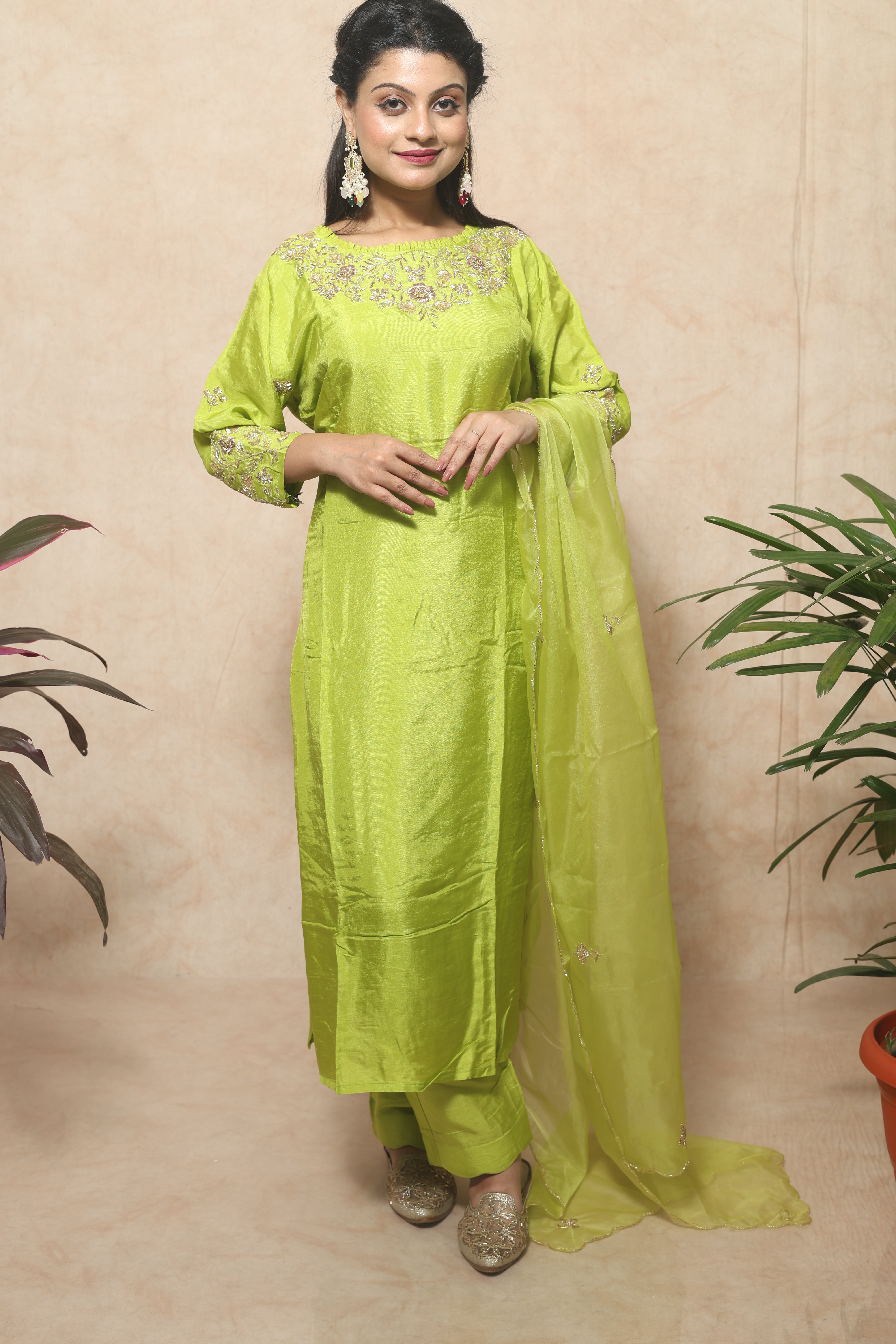 Lemon Green Color Handwork Dola Silk Suit Set