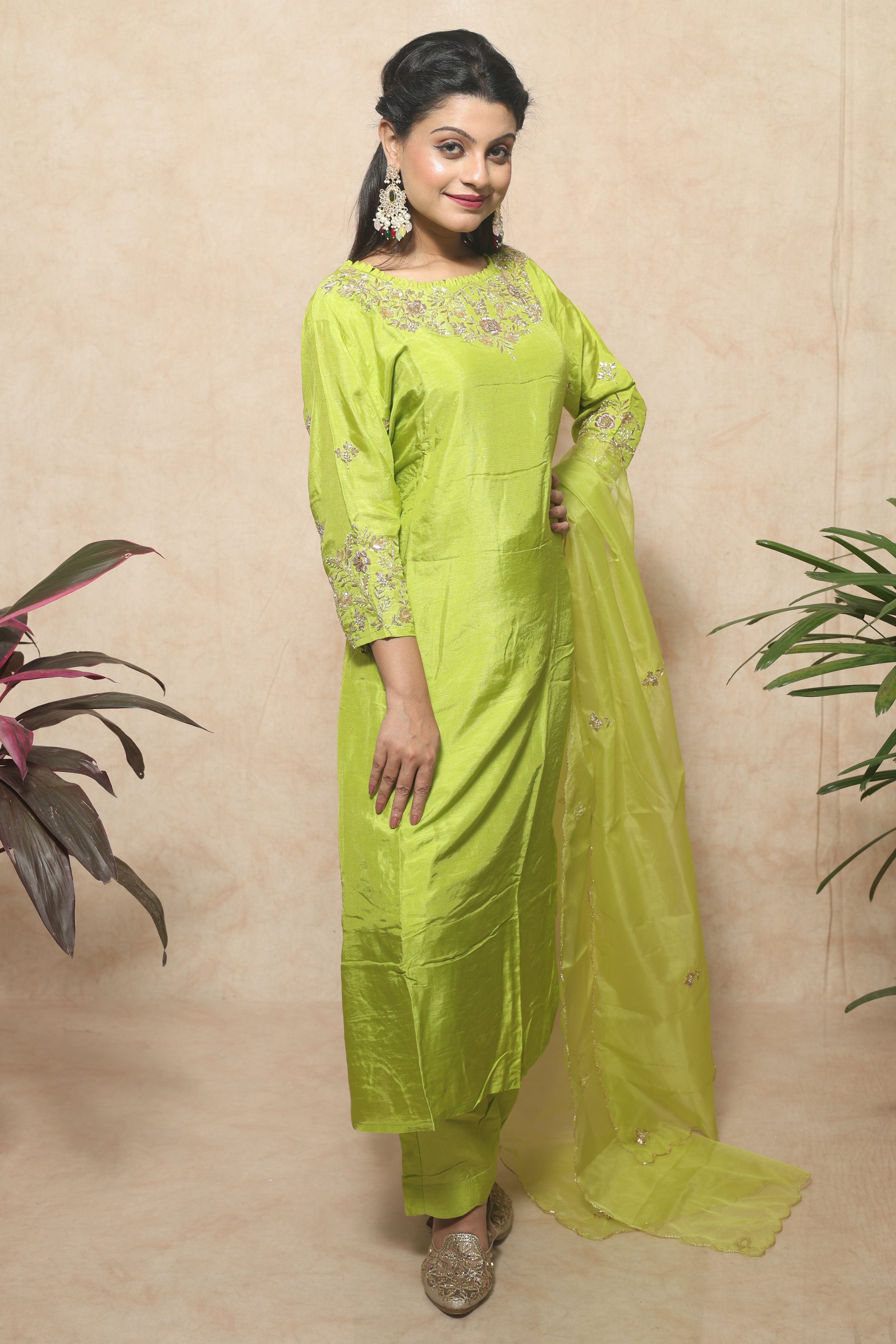 Lemon Green Color Handwork Dola Silk Suit Set