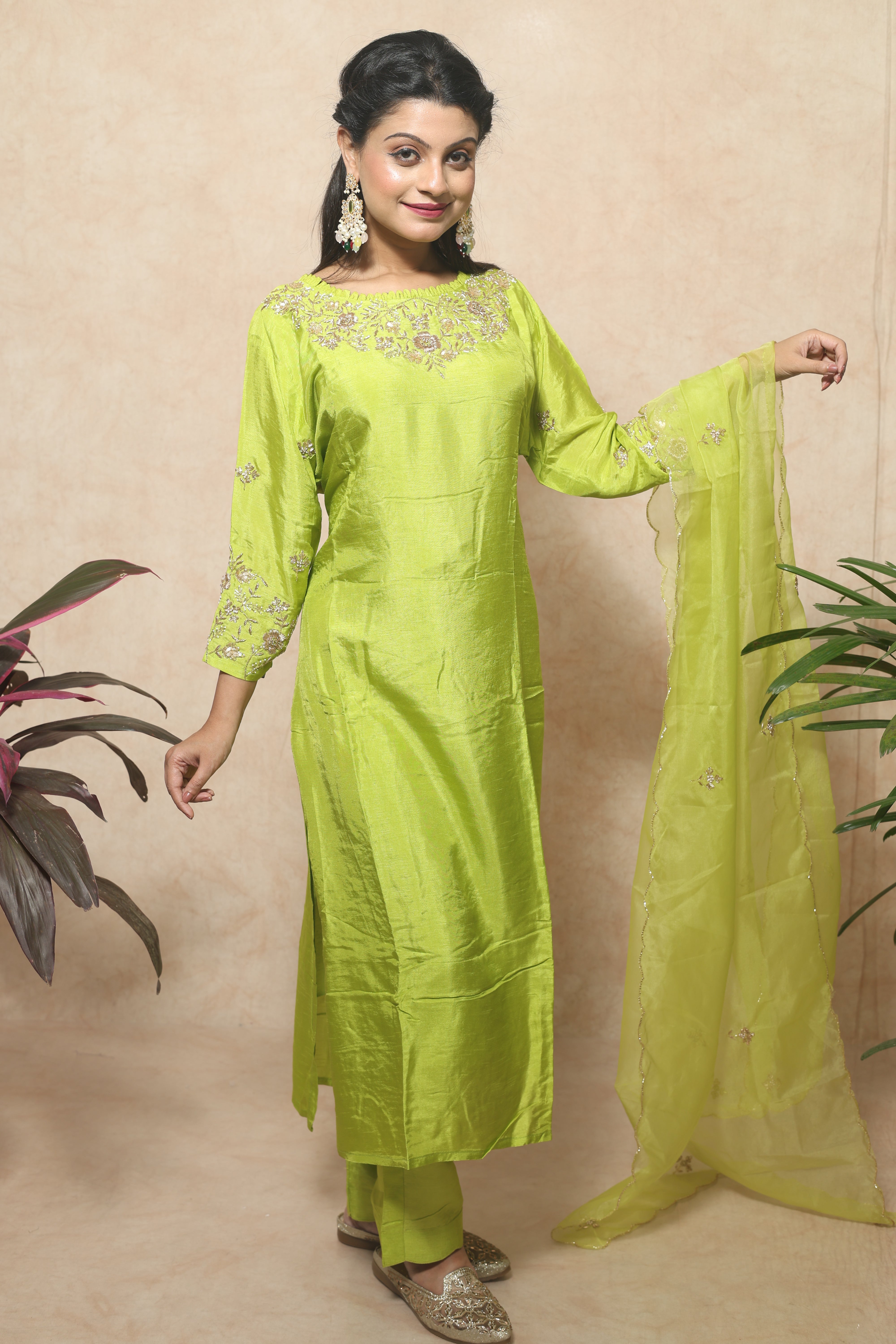 Lemon Green Color Handwork Dola Silk Suit Set
