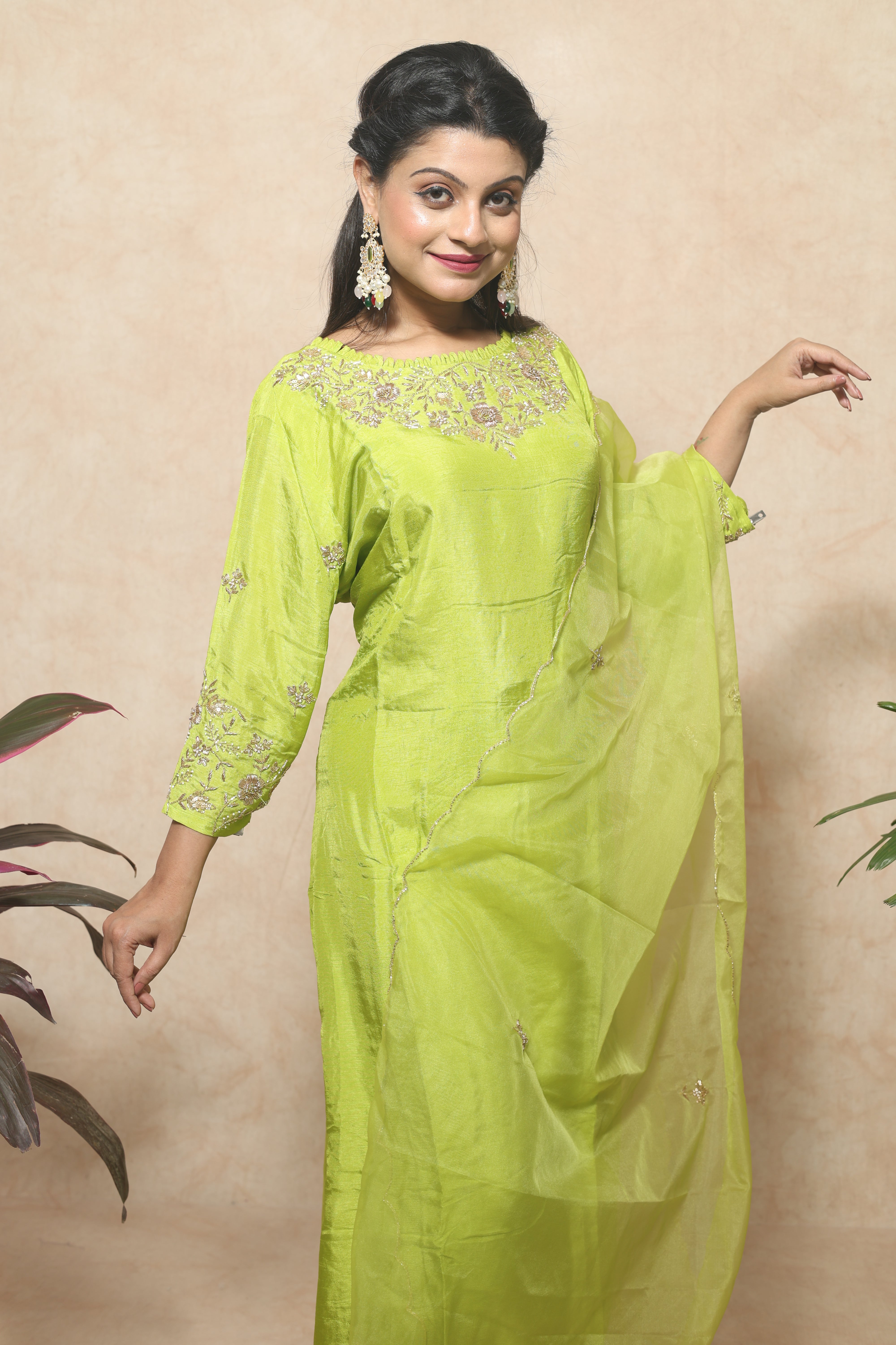 Lemon Green Color Handwork Dola Silk Suit Set
