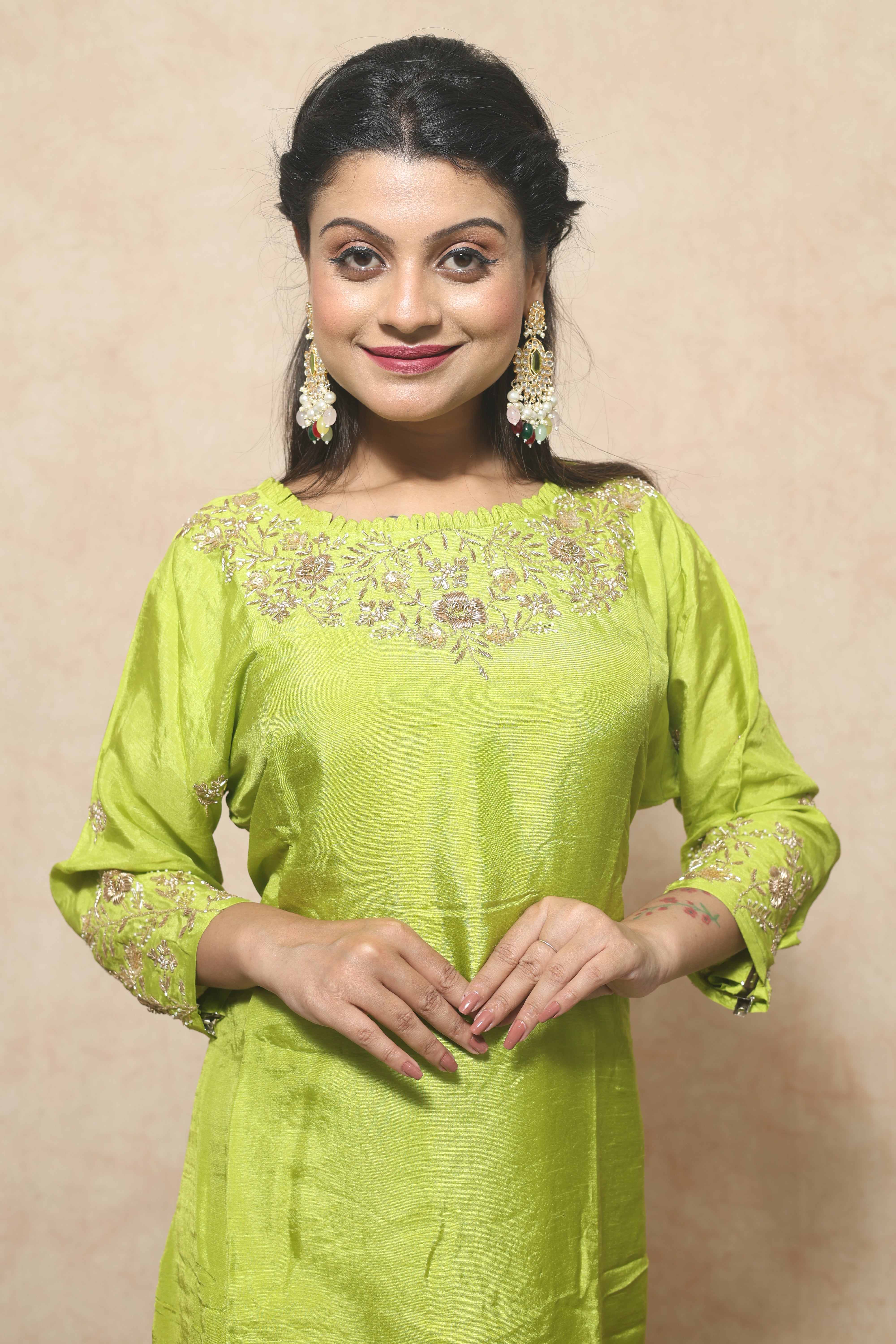 Lemon Green Color Handwork Dola Silk Suit Set