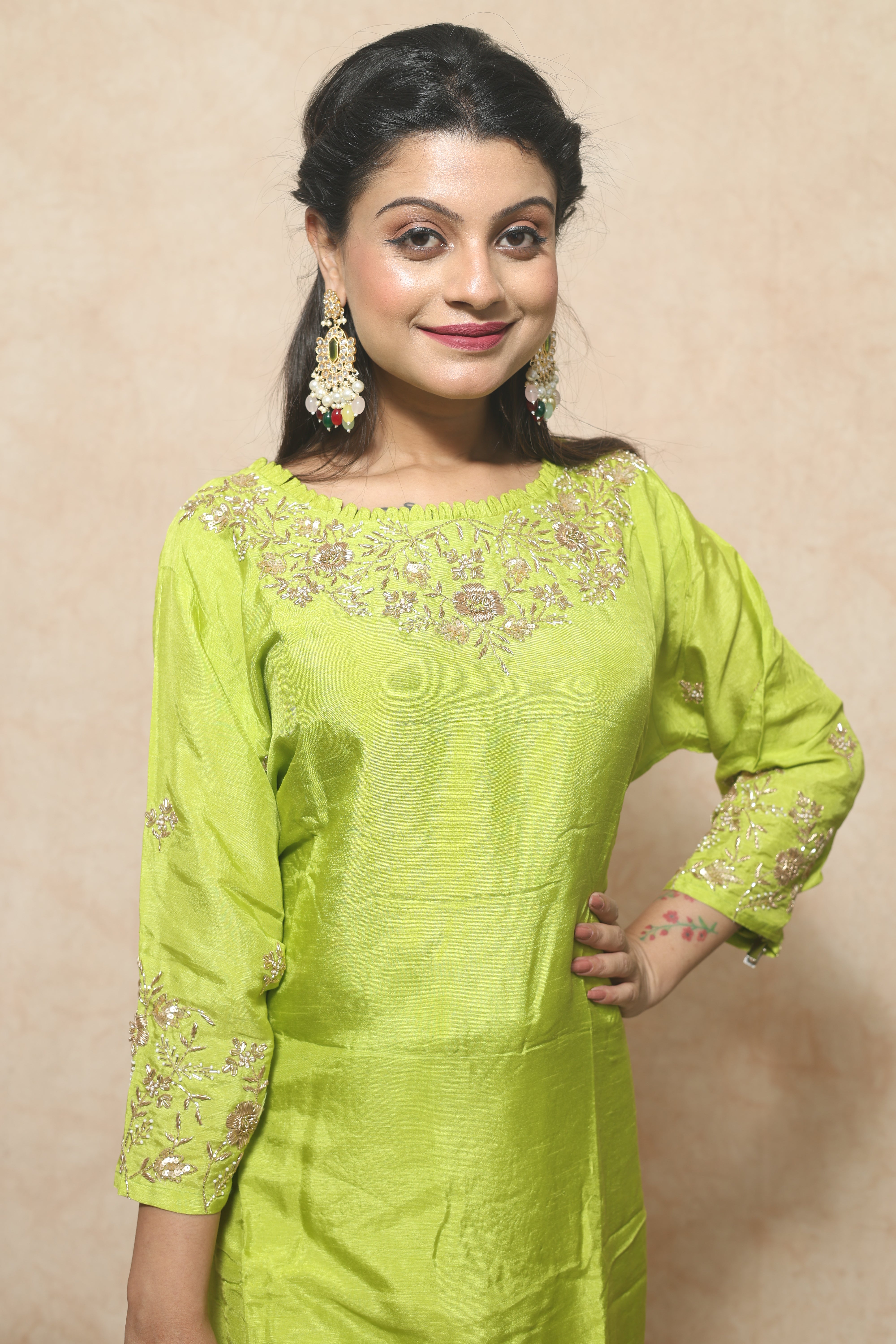 Lemon Green Color Handwork Dola Silk Suit Set
