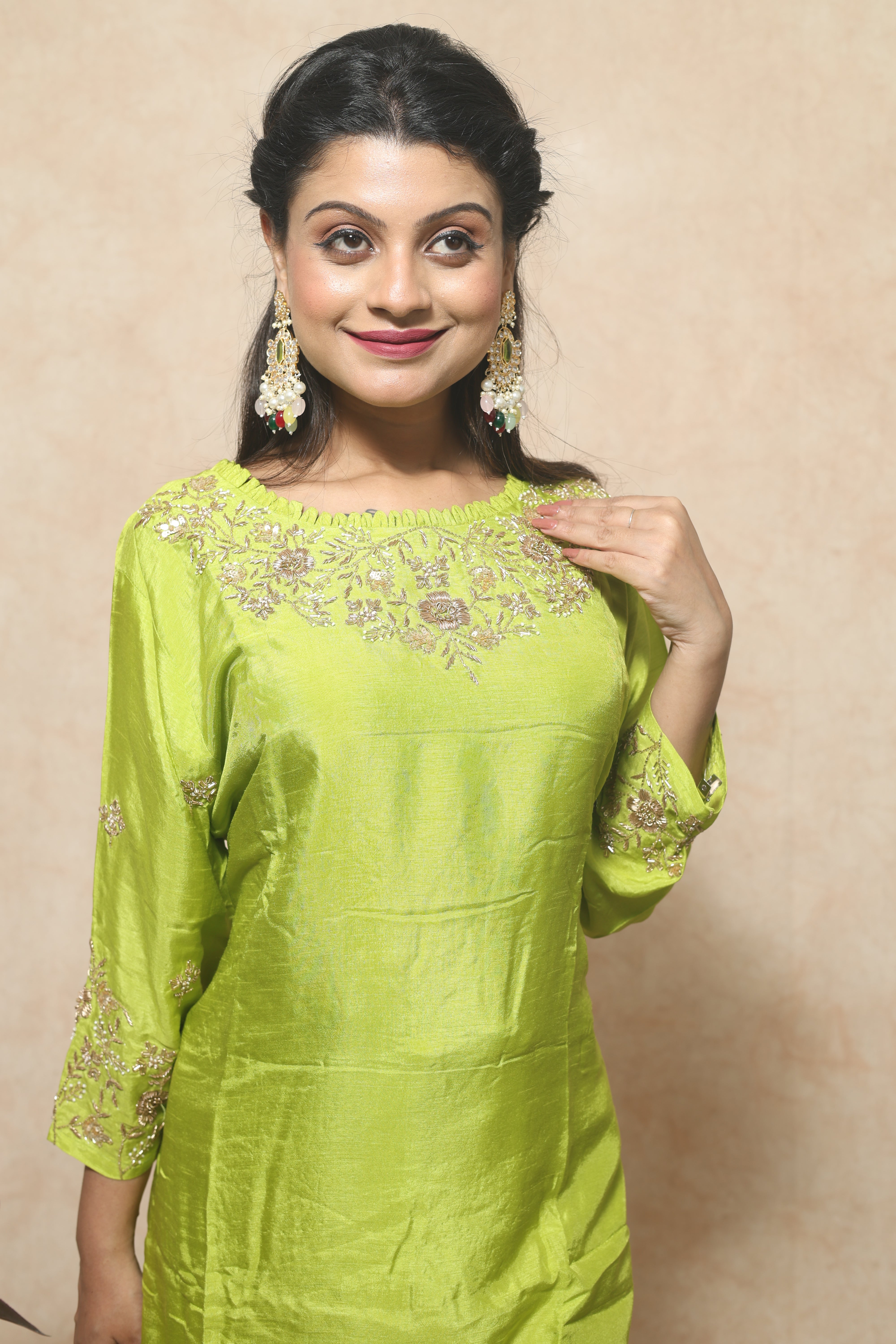 Lemon Green Color Handwork Dola Silk Suit Set