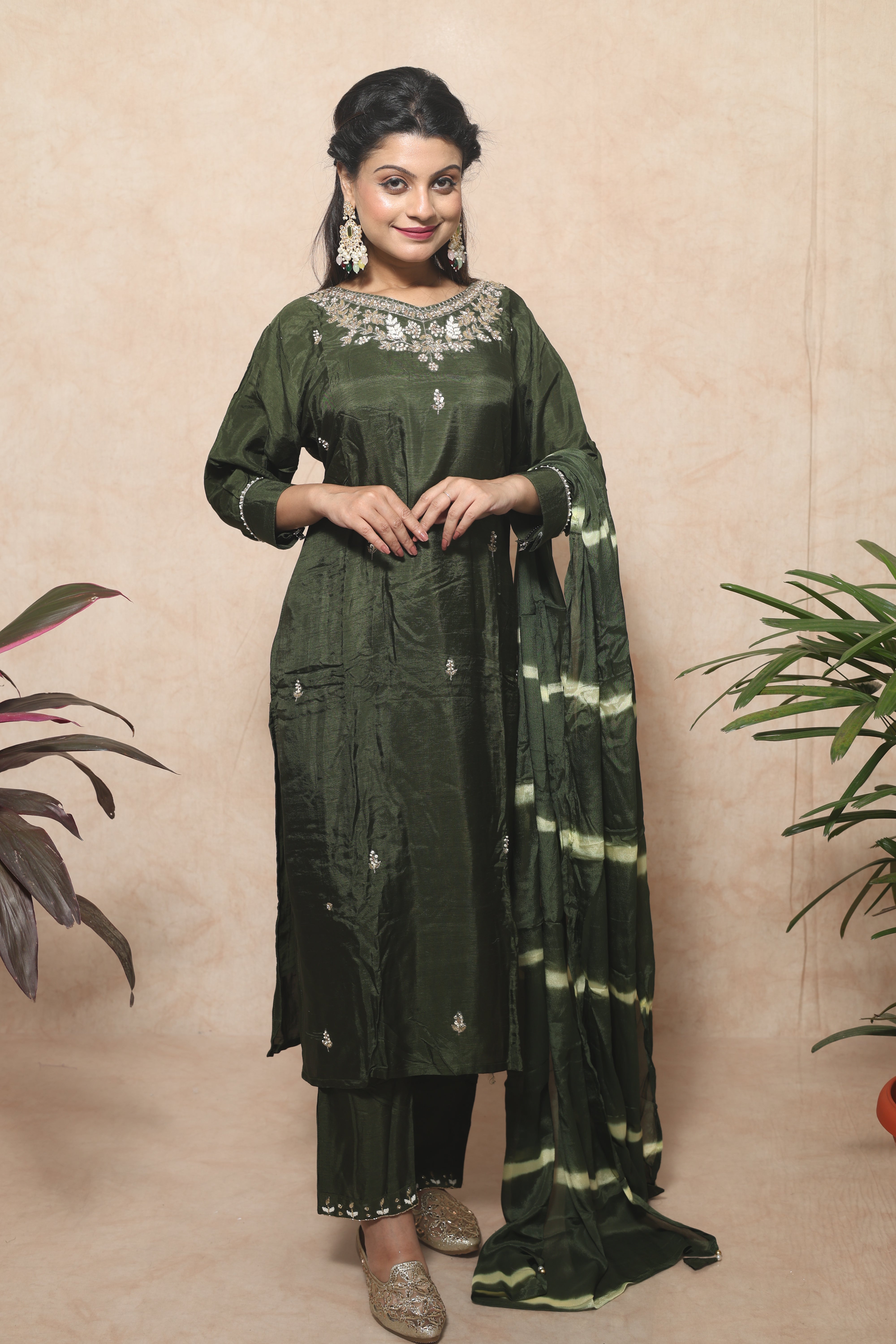 Olive color dola silk suit set featuring beautiful handwork
