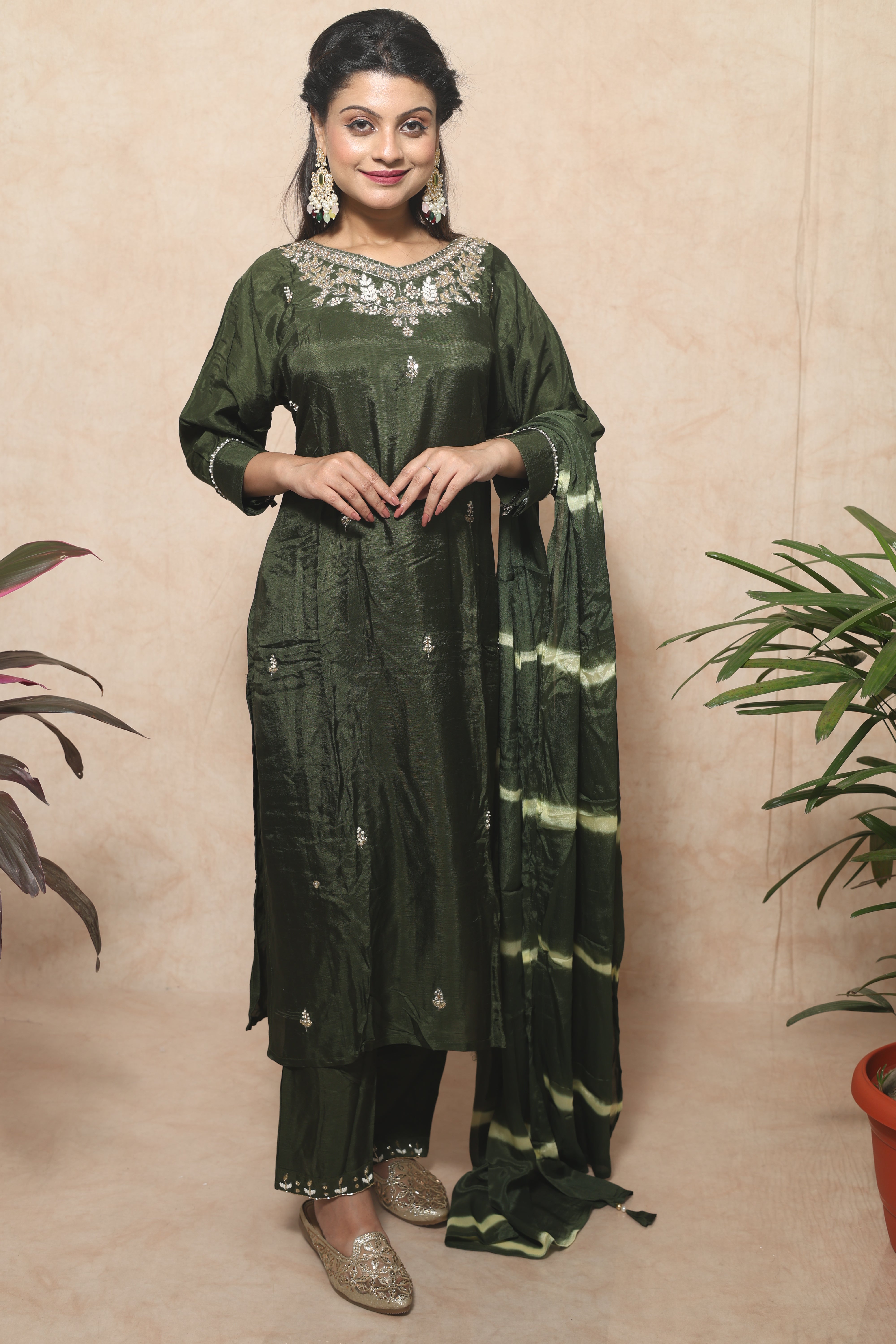 Olive Color Dola Silk Handwork Suit Set