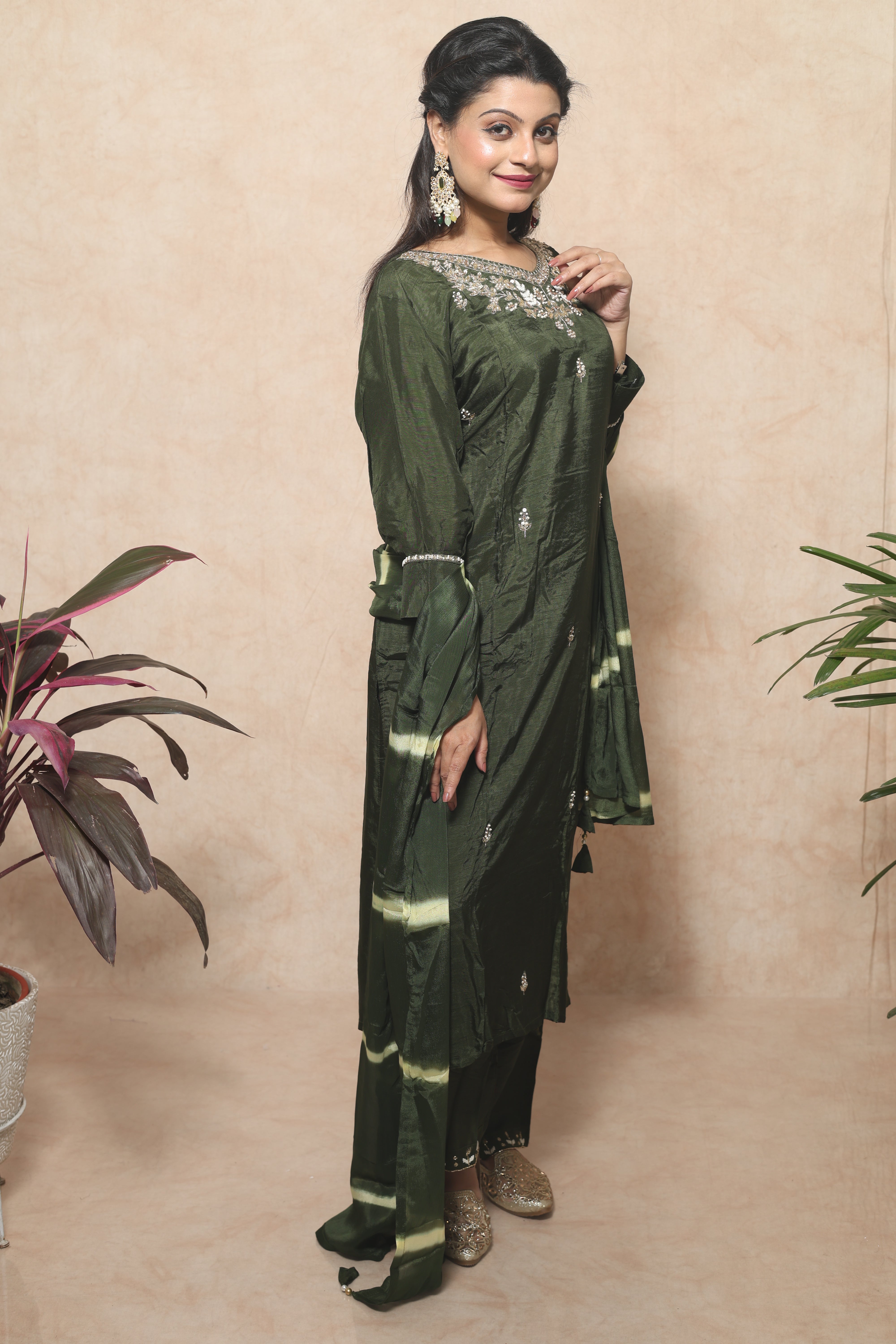 Olive Color Dola Silk Handwork Suit Set