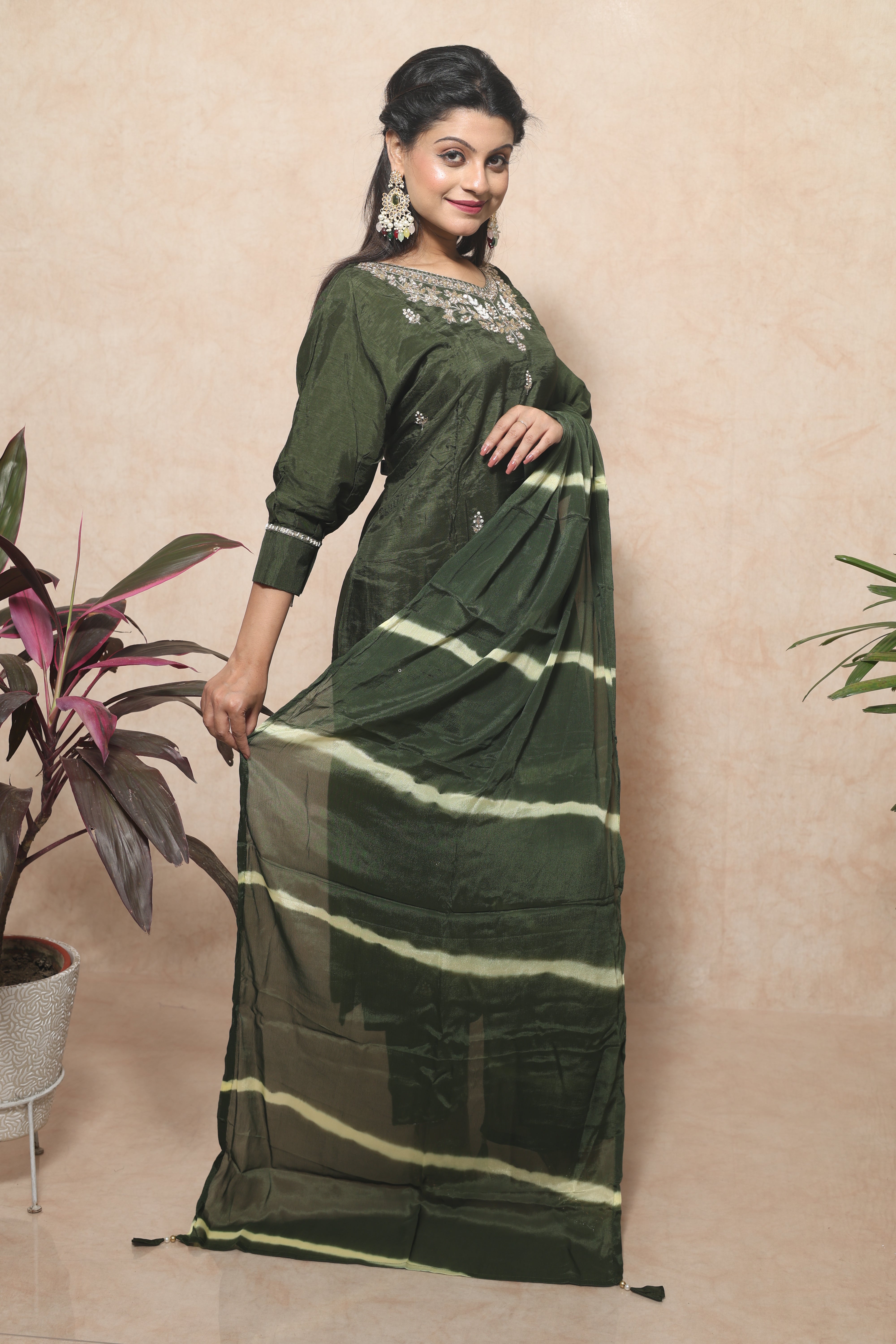 Olive Color Dola Silk Handwork Suit Set
