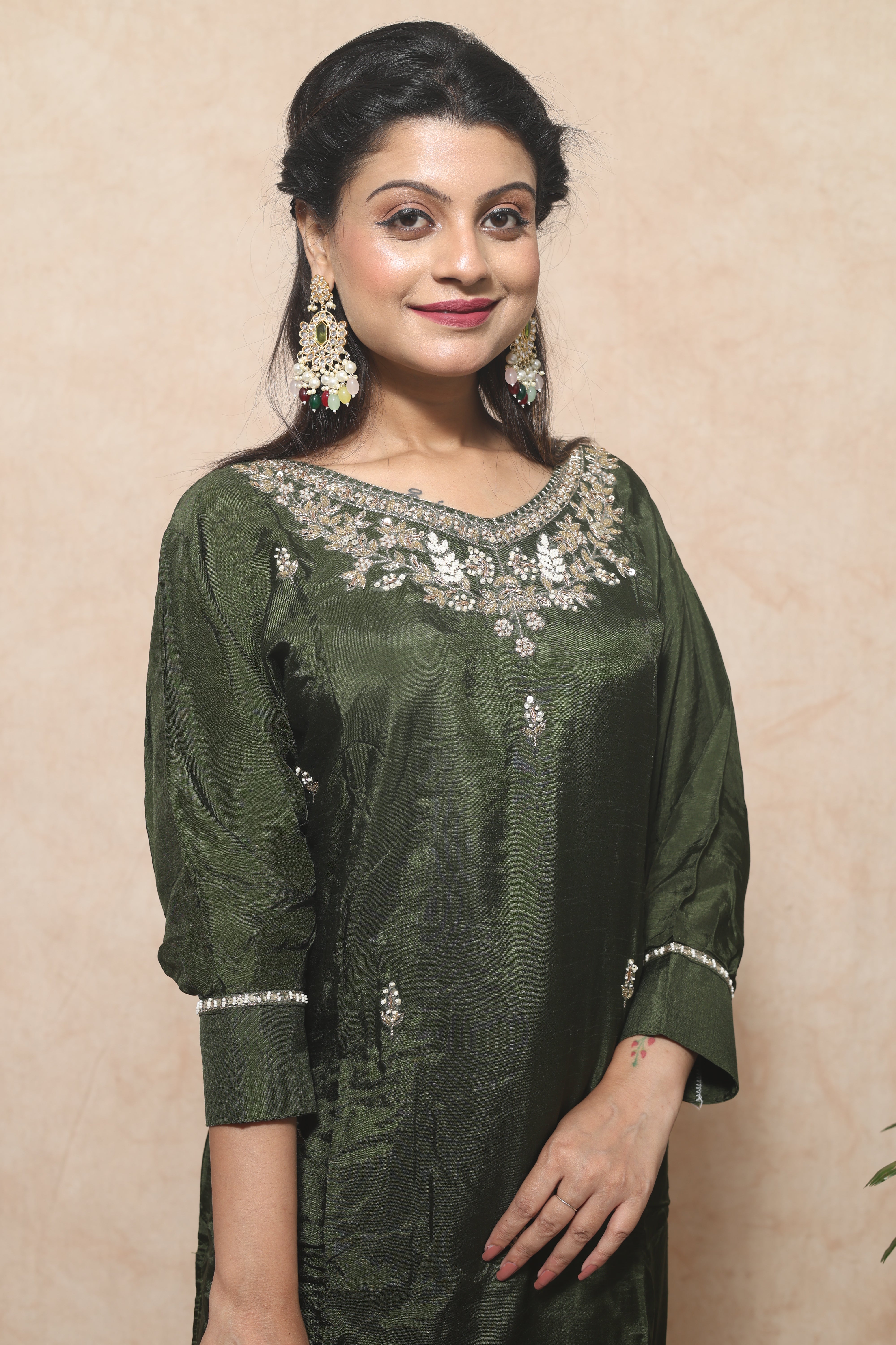 Olive Color Dola Silk Handwork Suit Set