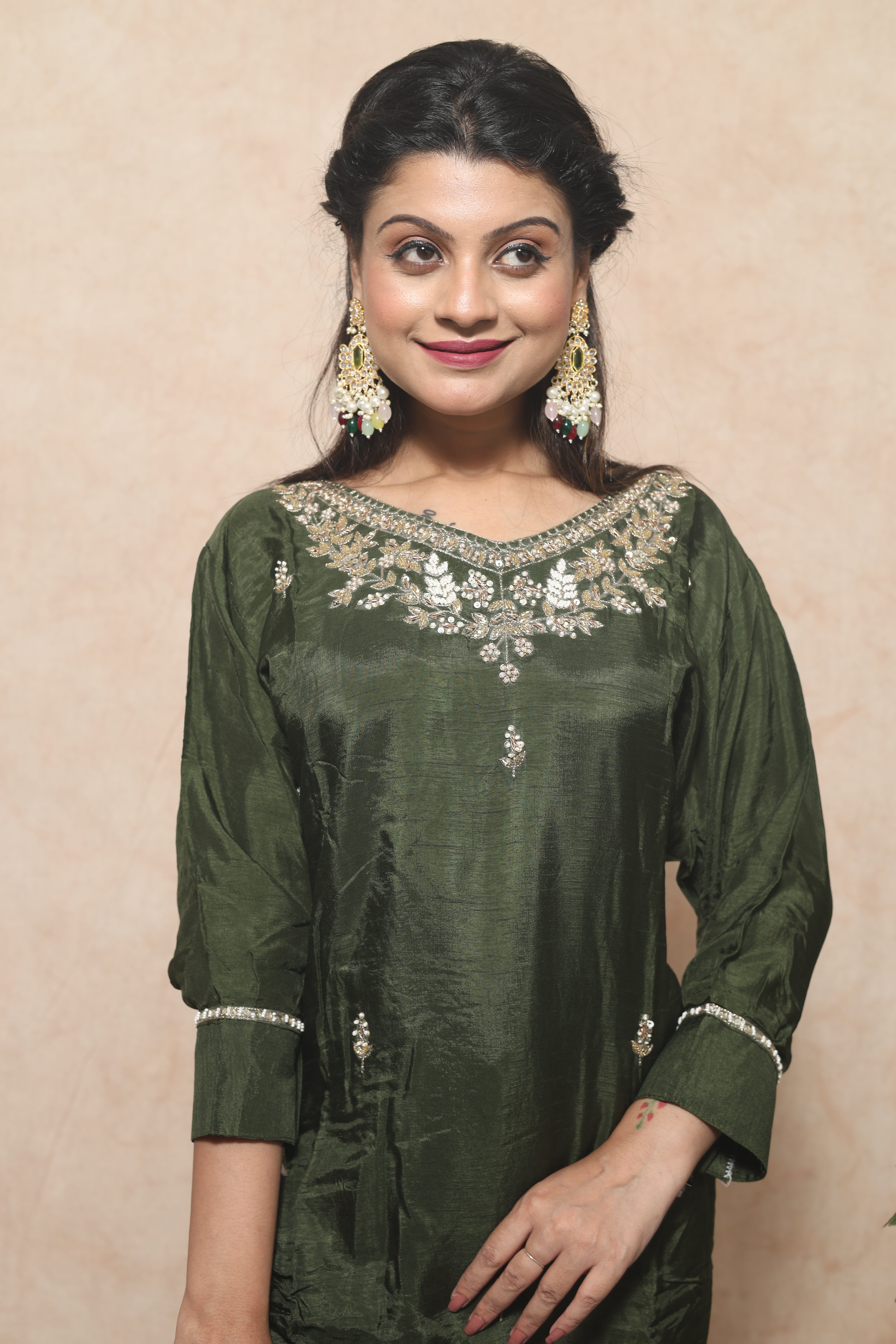 Olive Color Dola Silk Handwork Suit Set