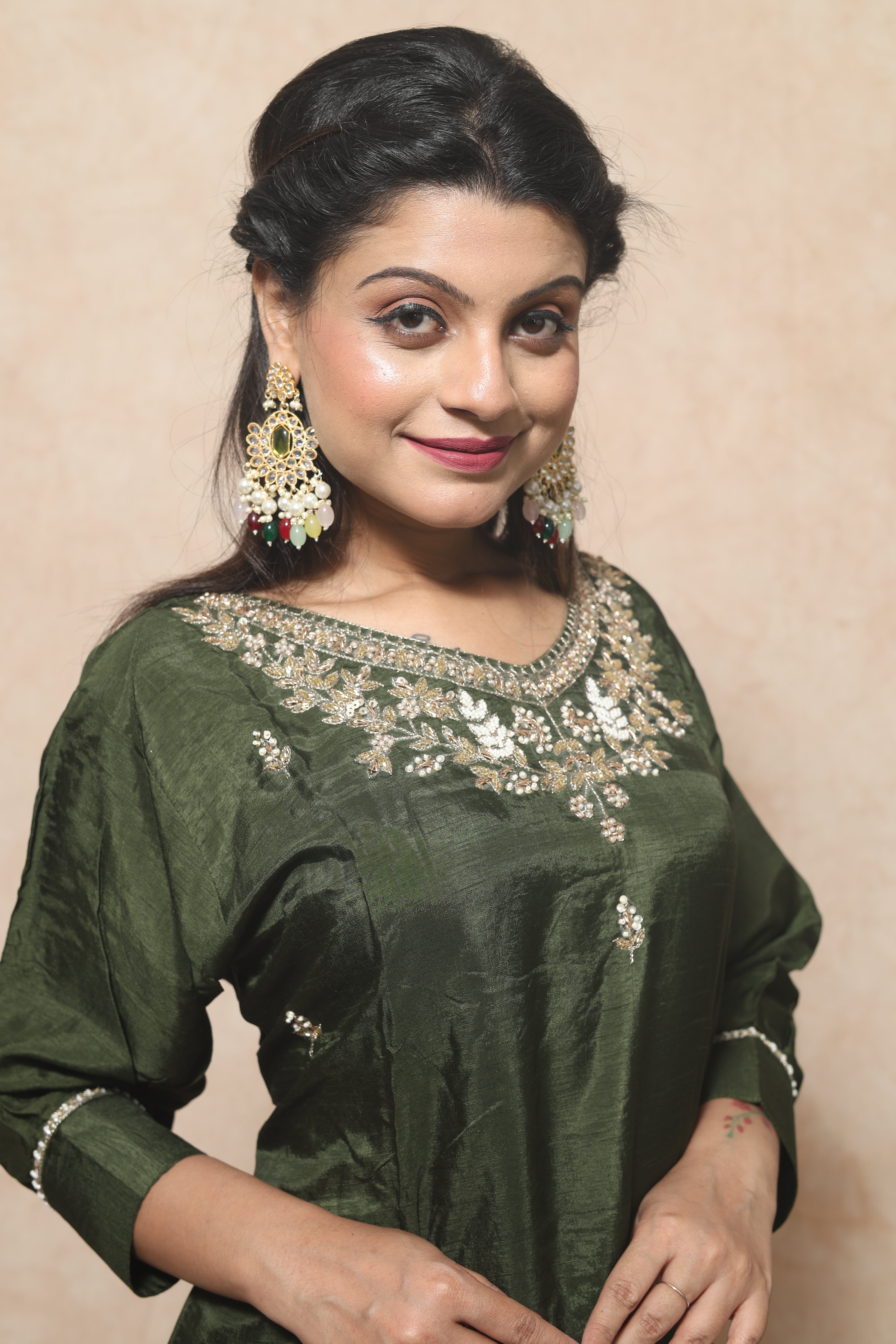 Olive Color Dola Silk Handwork Suit Set