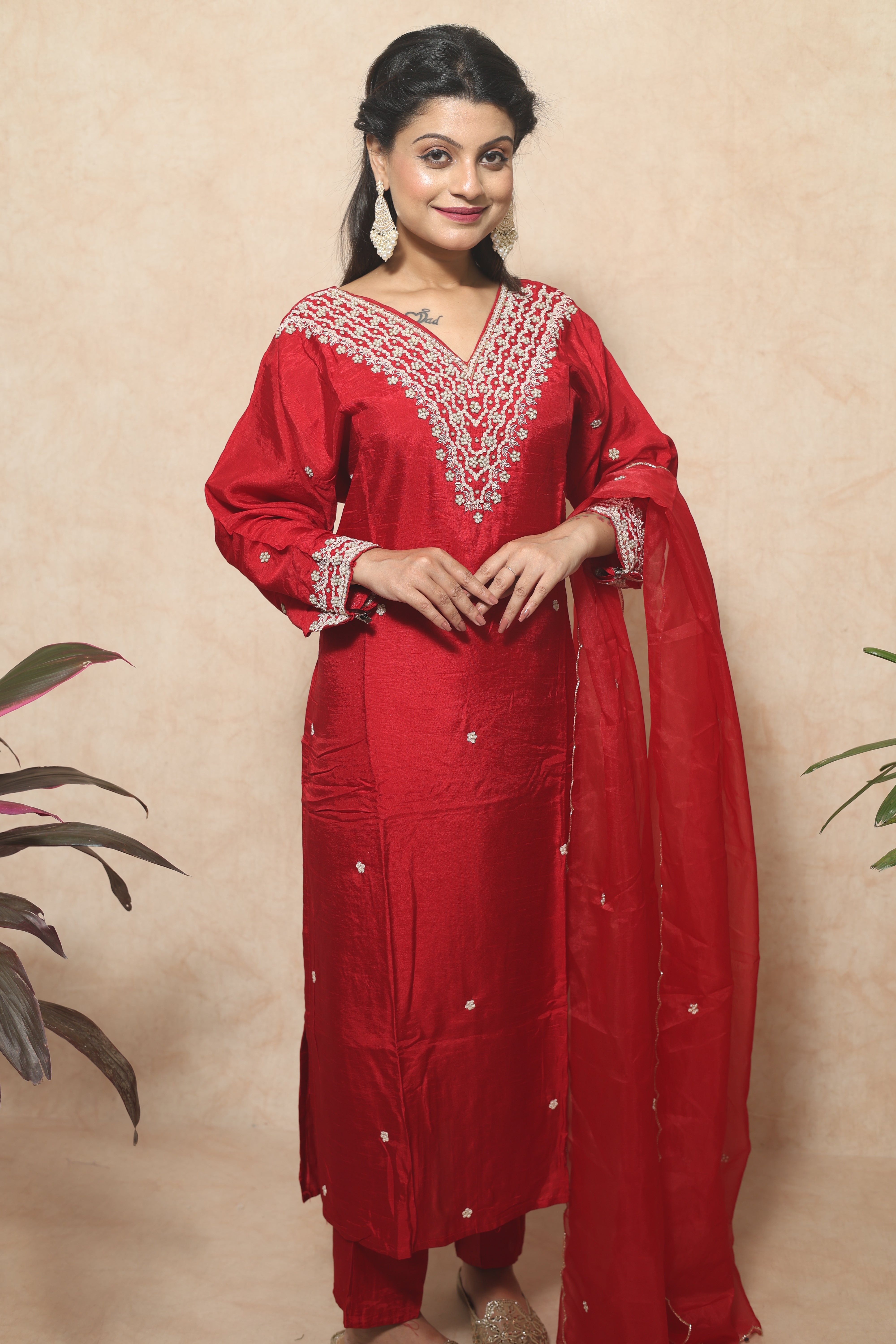 Red Dola Silk Handwork Suit Set