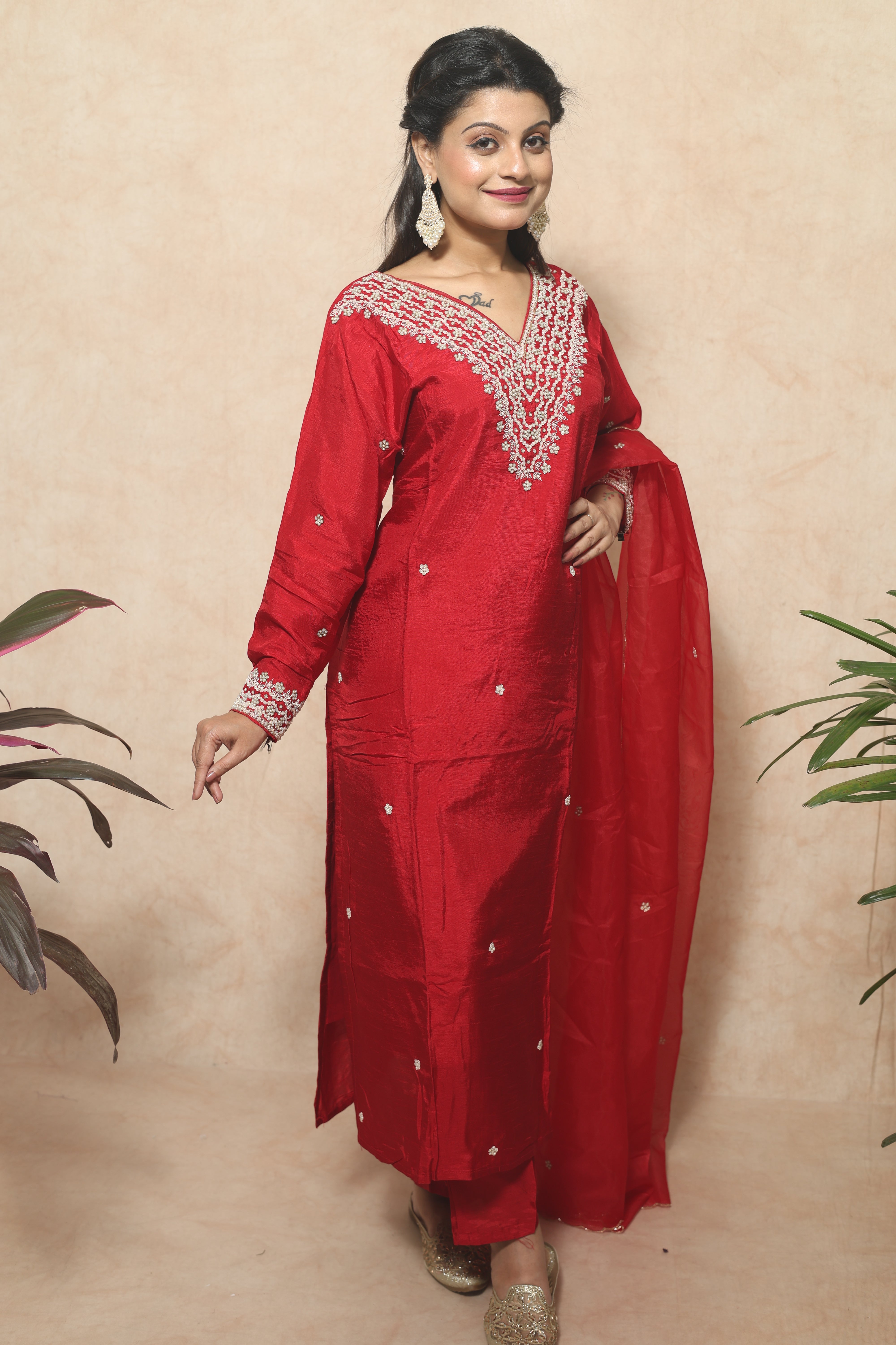 Red Dola Silk Handwork Suit Set