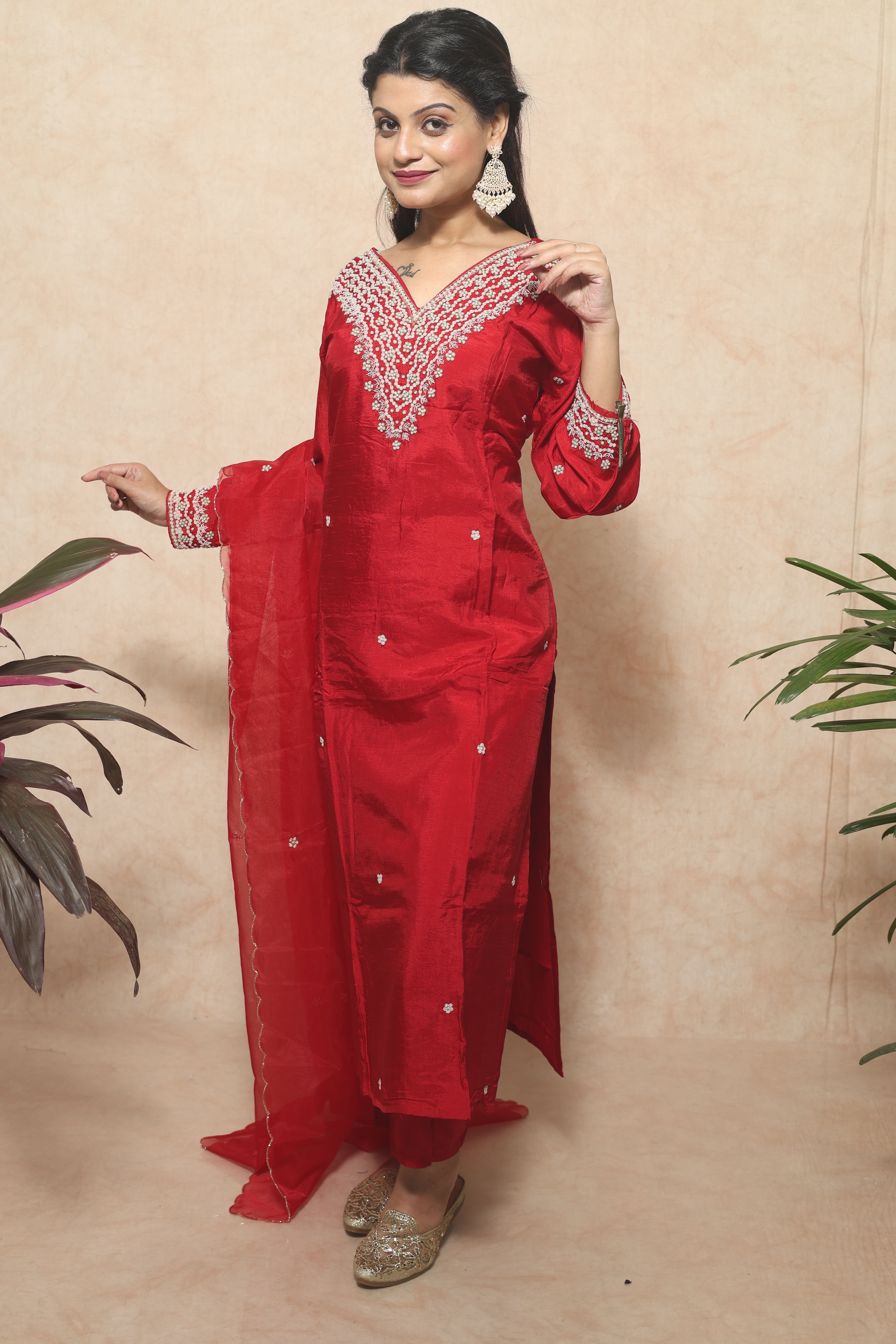 Red Dola Silk Handwork Suit Set
