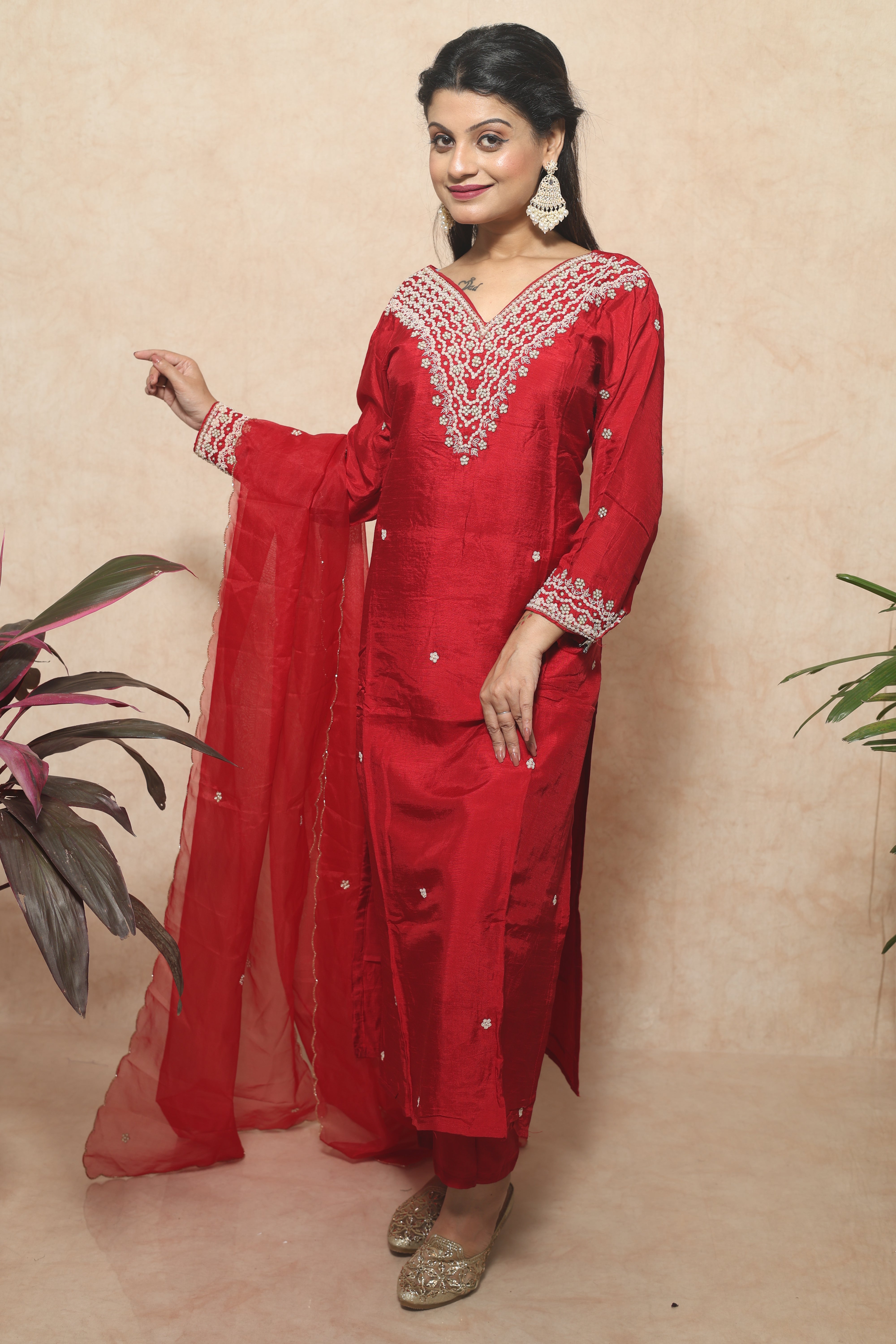 Red Dola Silk Handwork Suit Set
