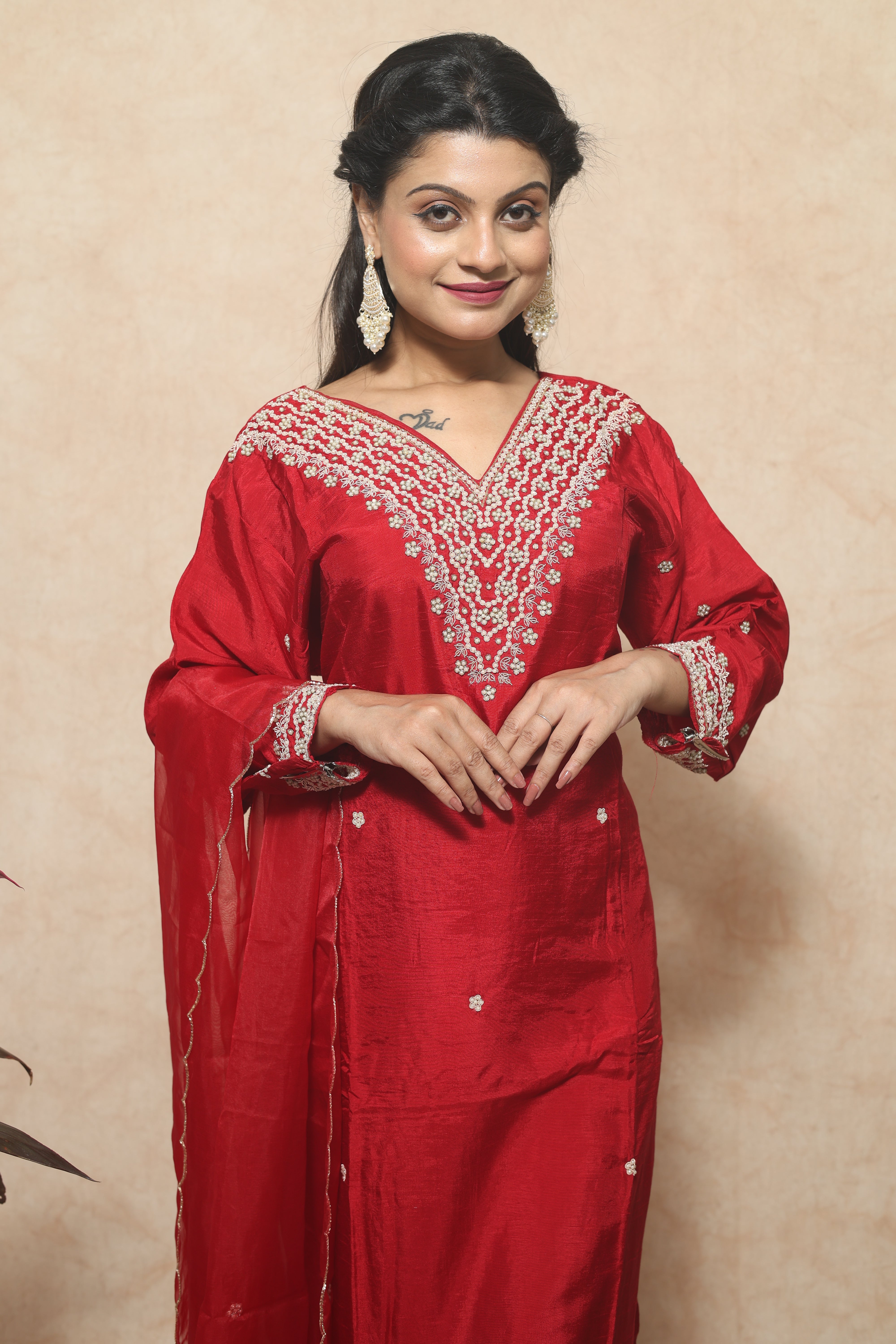 Red Dola Silk Handwork Suit Set