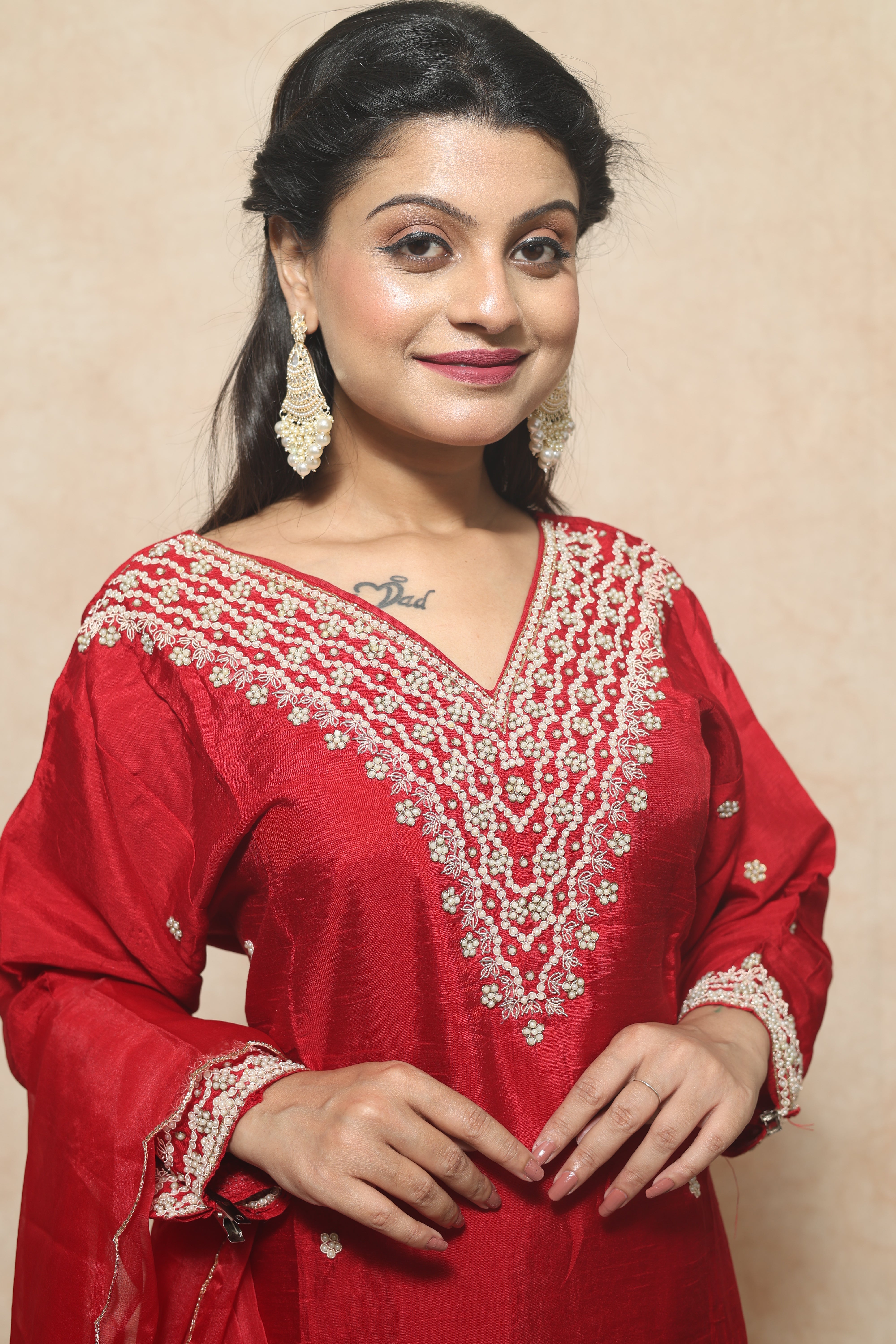 Red Dola Silk Handwork Suit Set