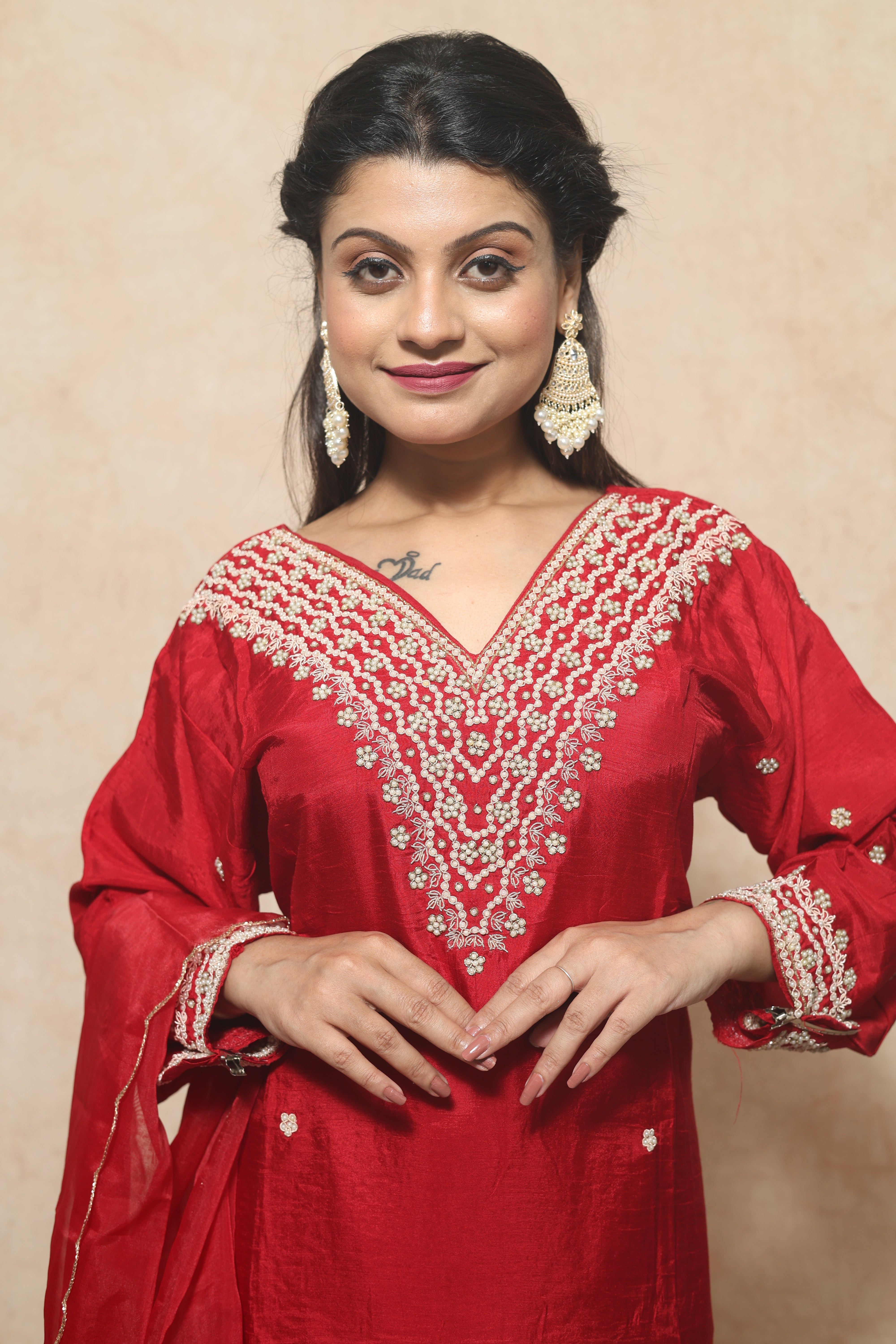 Red Dola Silk Handwork Suit Set