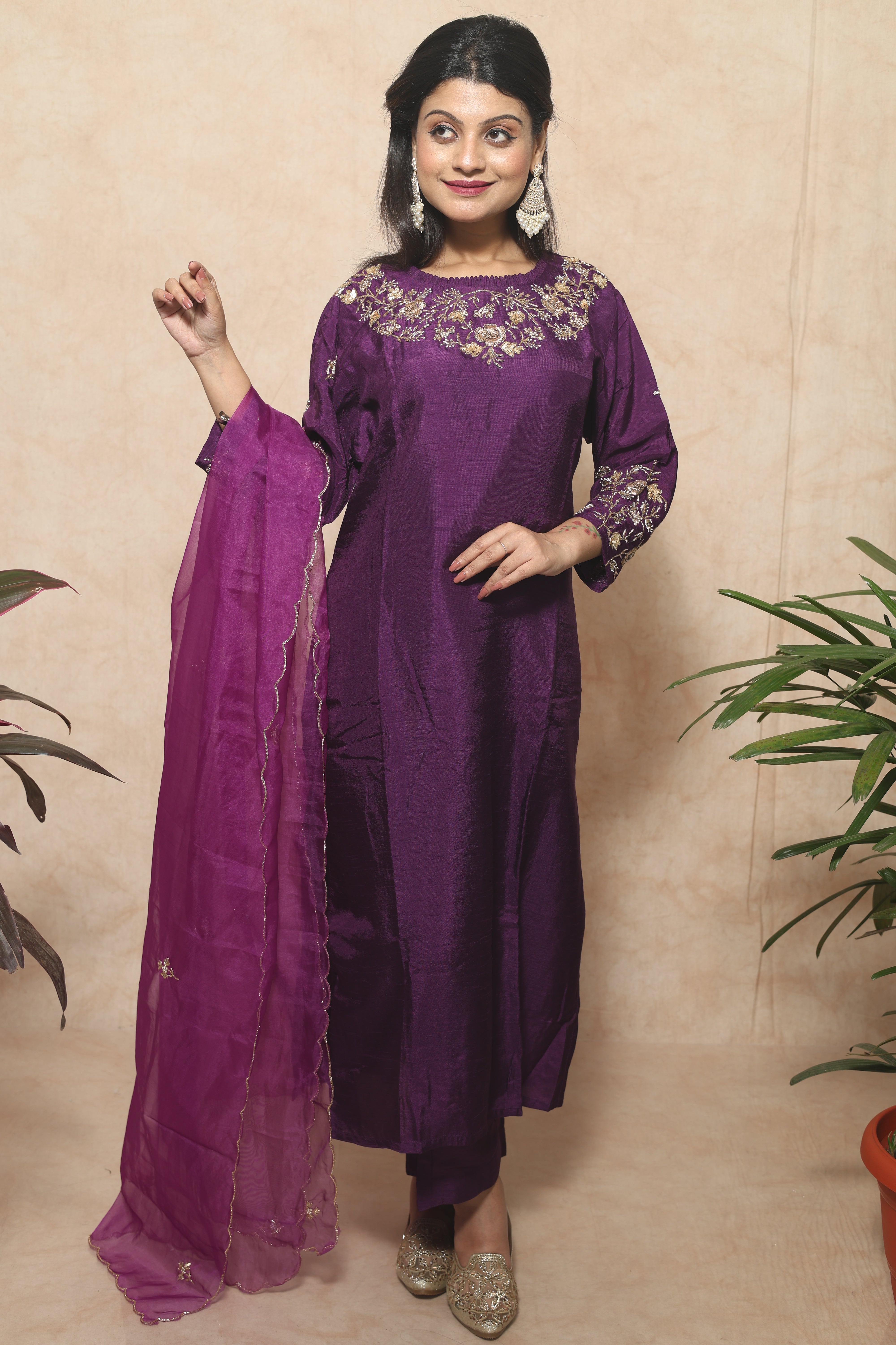 Dola Silk Handwork Purple Color Suit Set