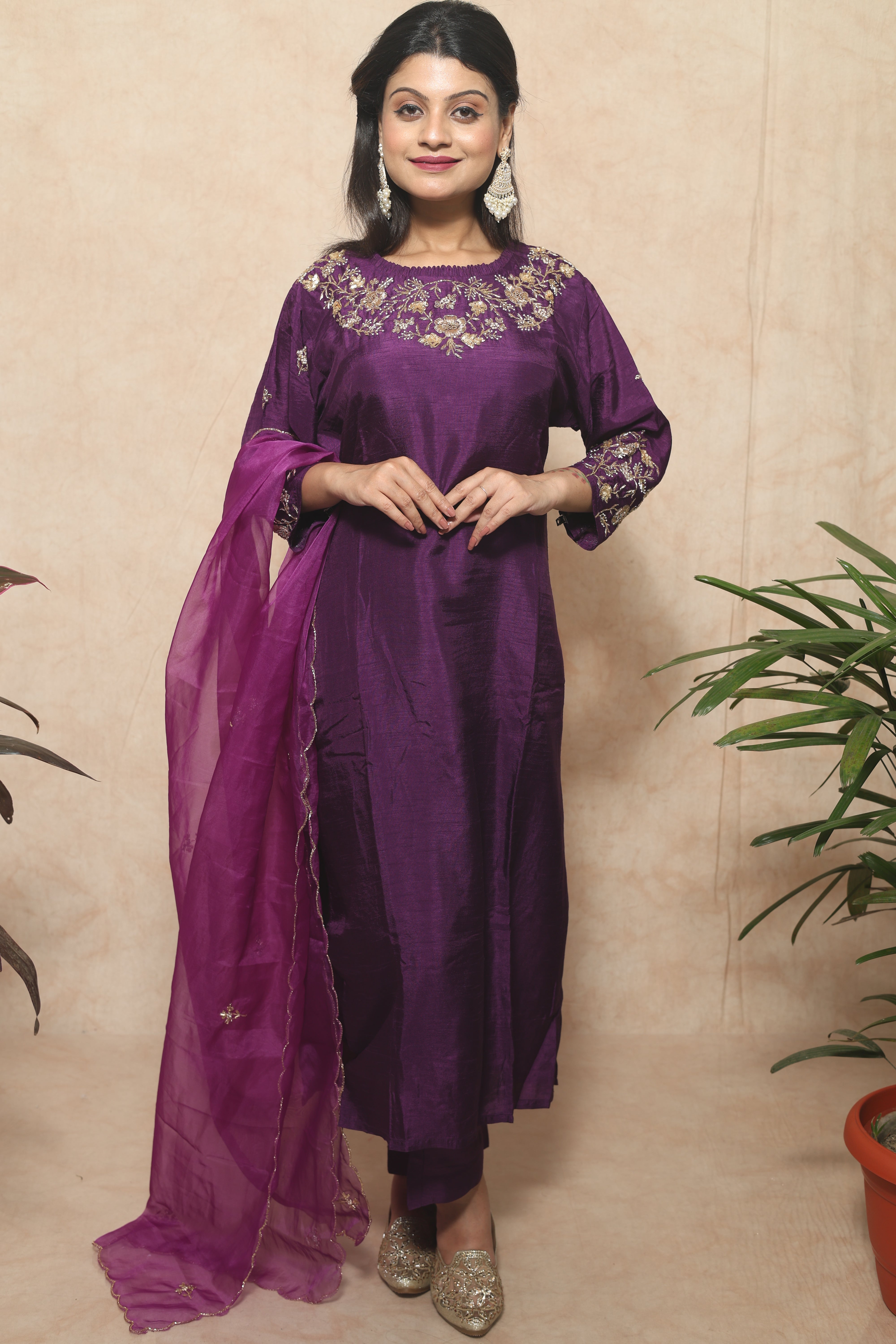 Dola Silk Handwork Purple Color Suit Set