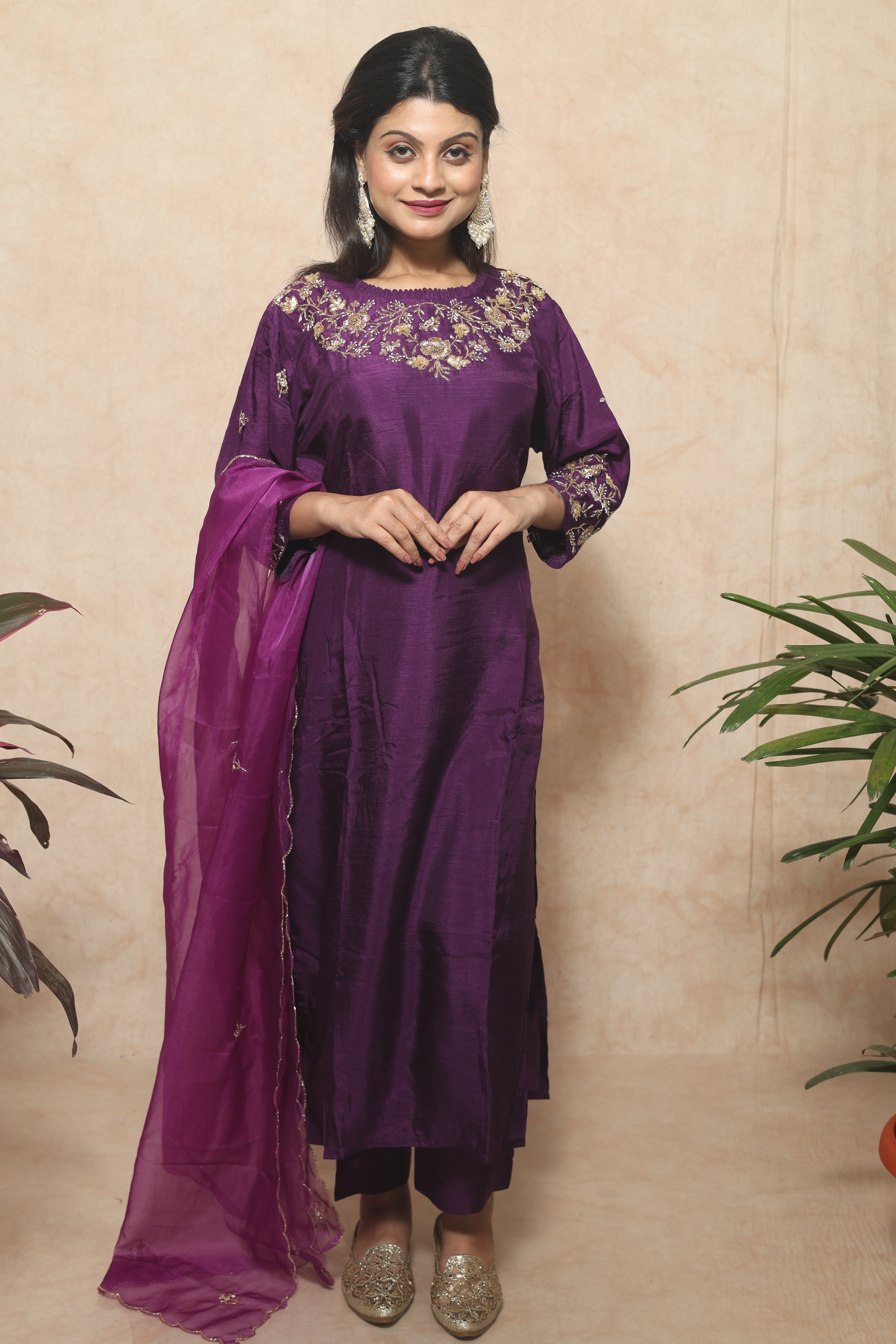 Dola Silk Handwork Purple Color Suit Set
