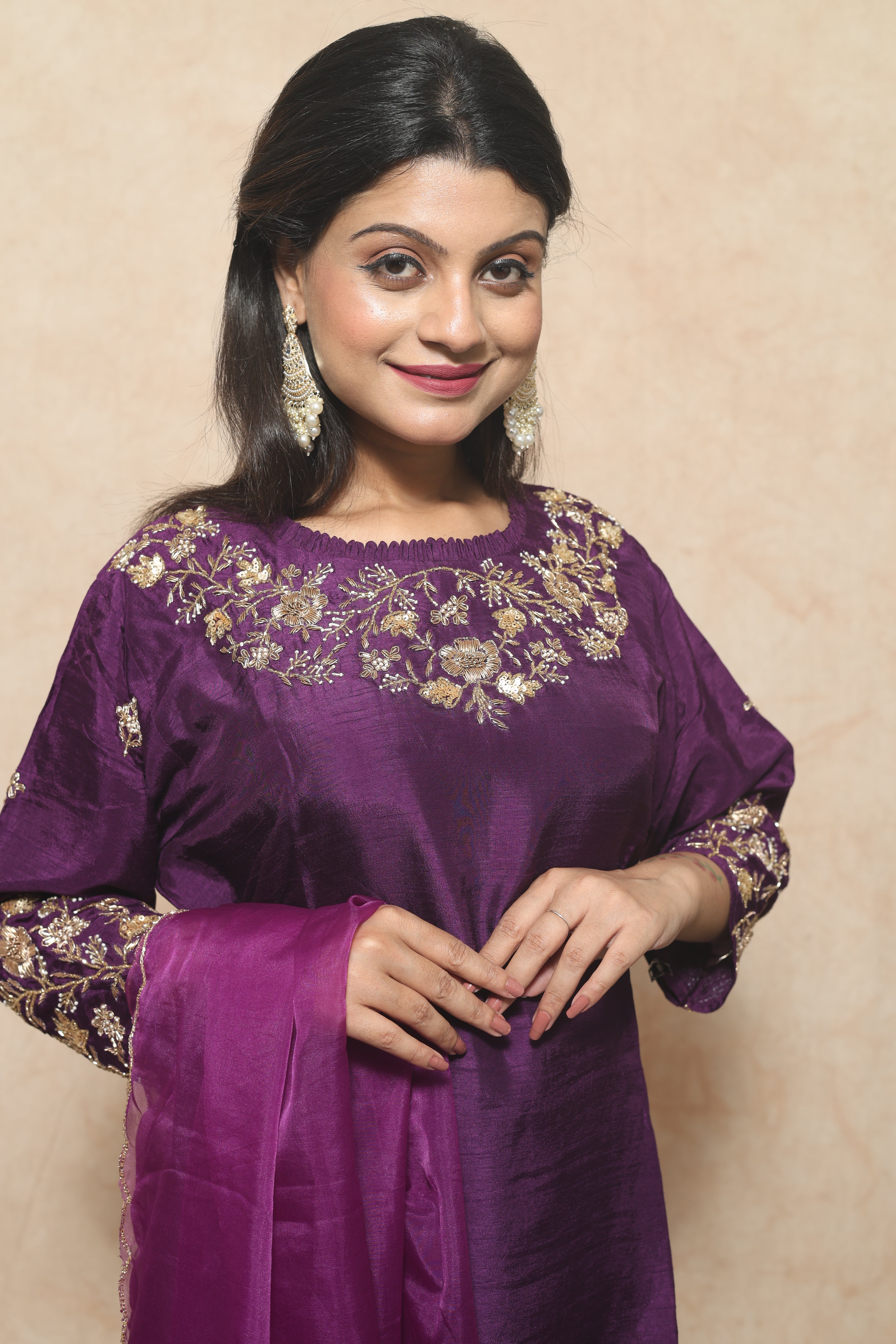 Dola Silk Handwork Purple Color Suit Set