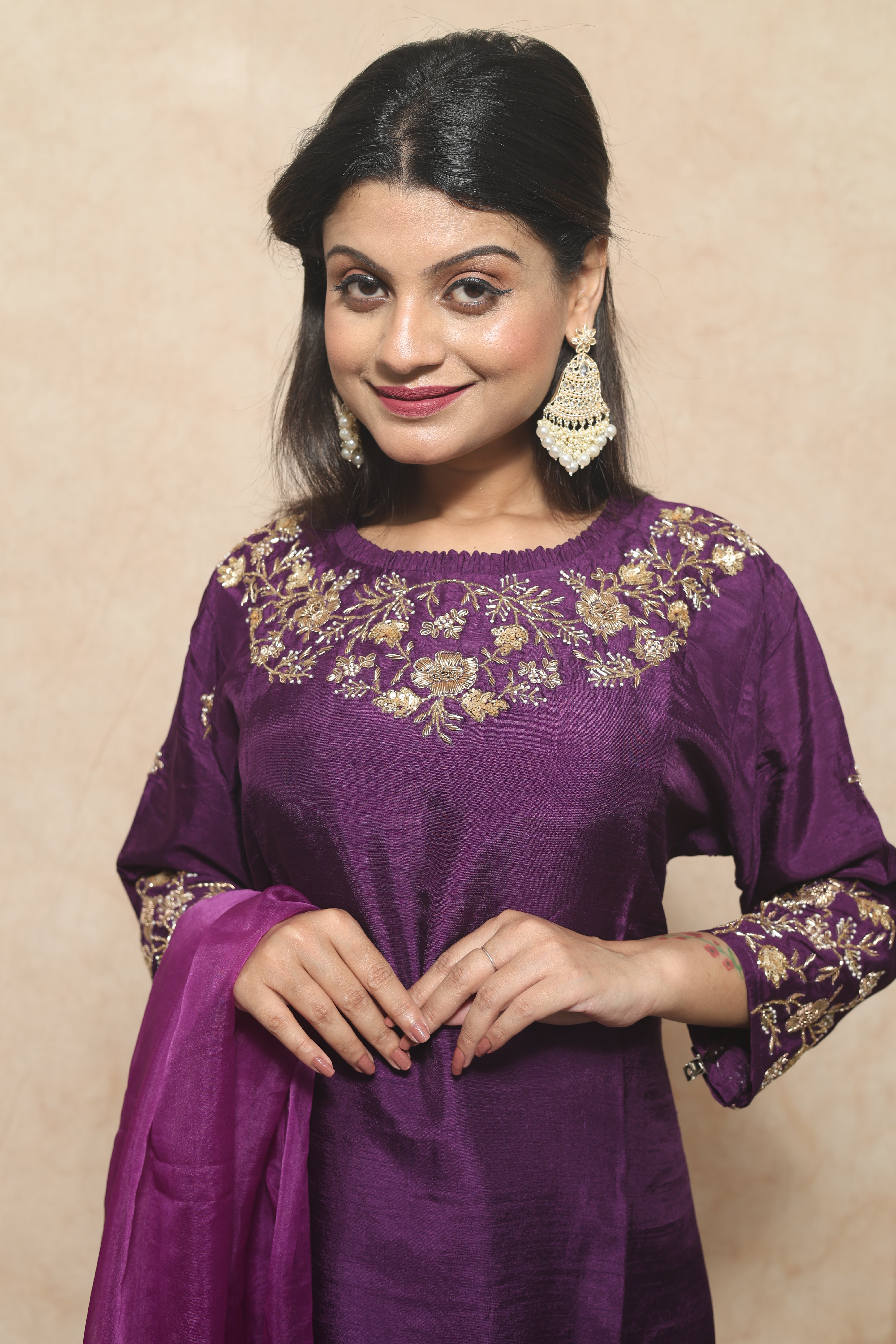 Dola Silk Handwork Purple Color Suit Set