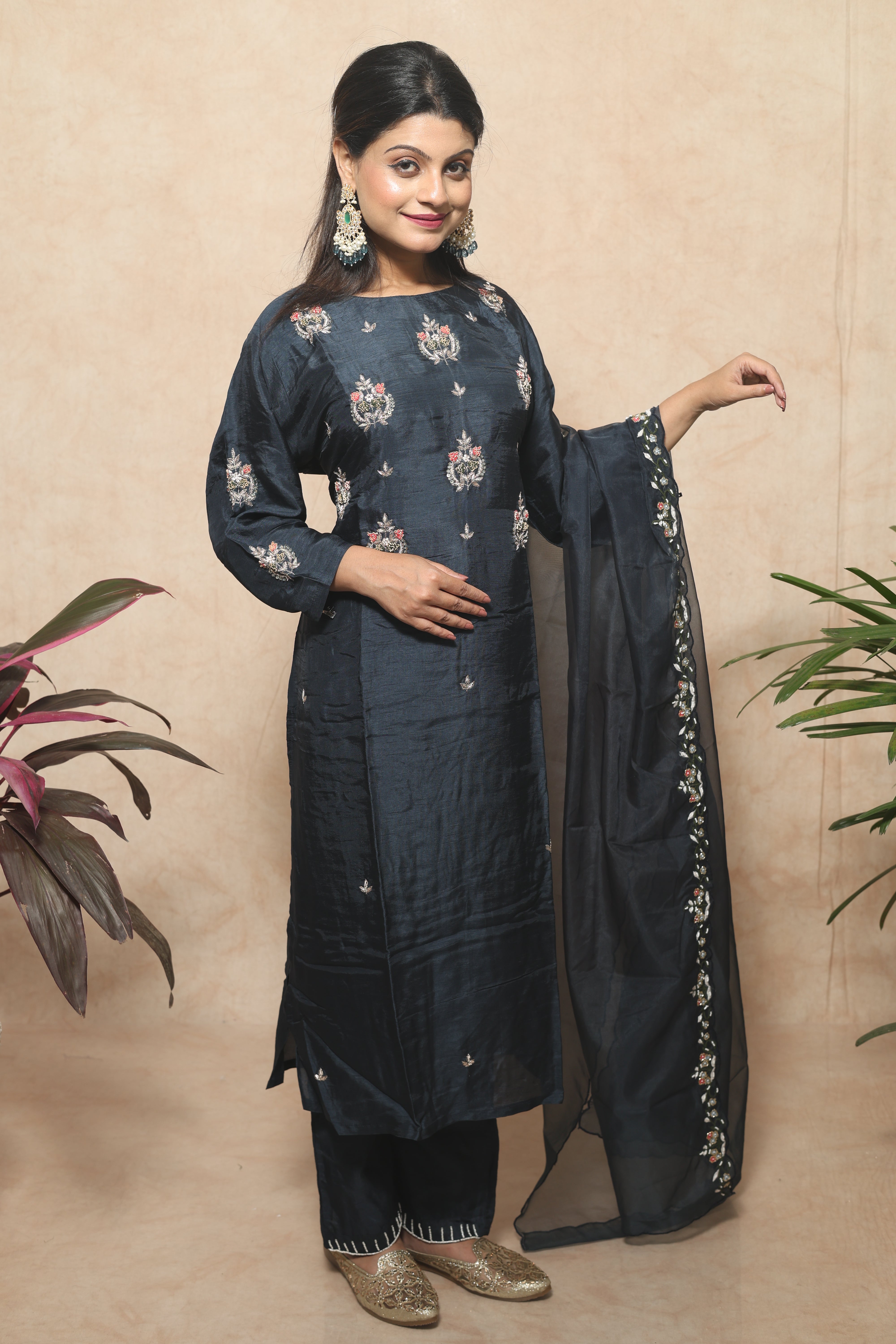 Mid Night Blue Color Handwork Dola Silk Suit Set