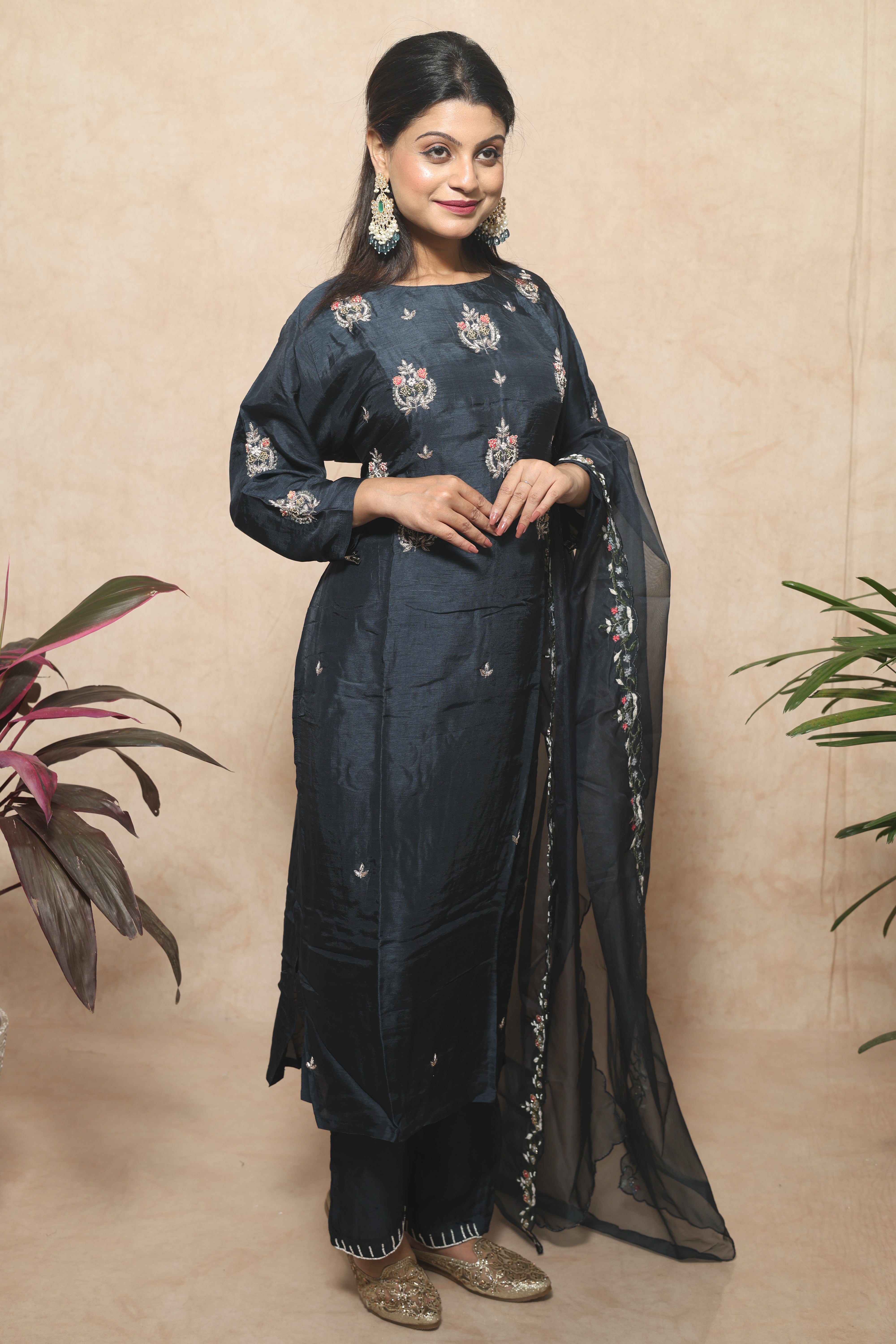 Mid Night Blue Color Handwork Dola Silk Suit Set
